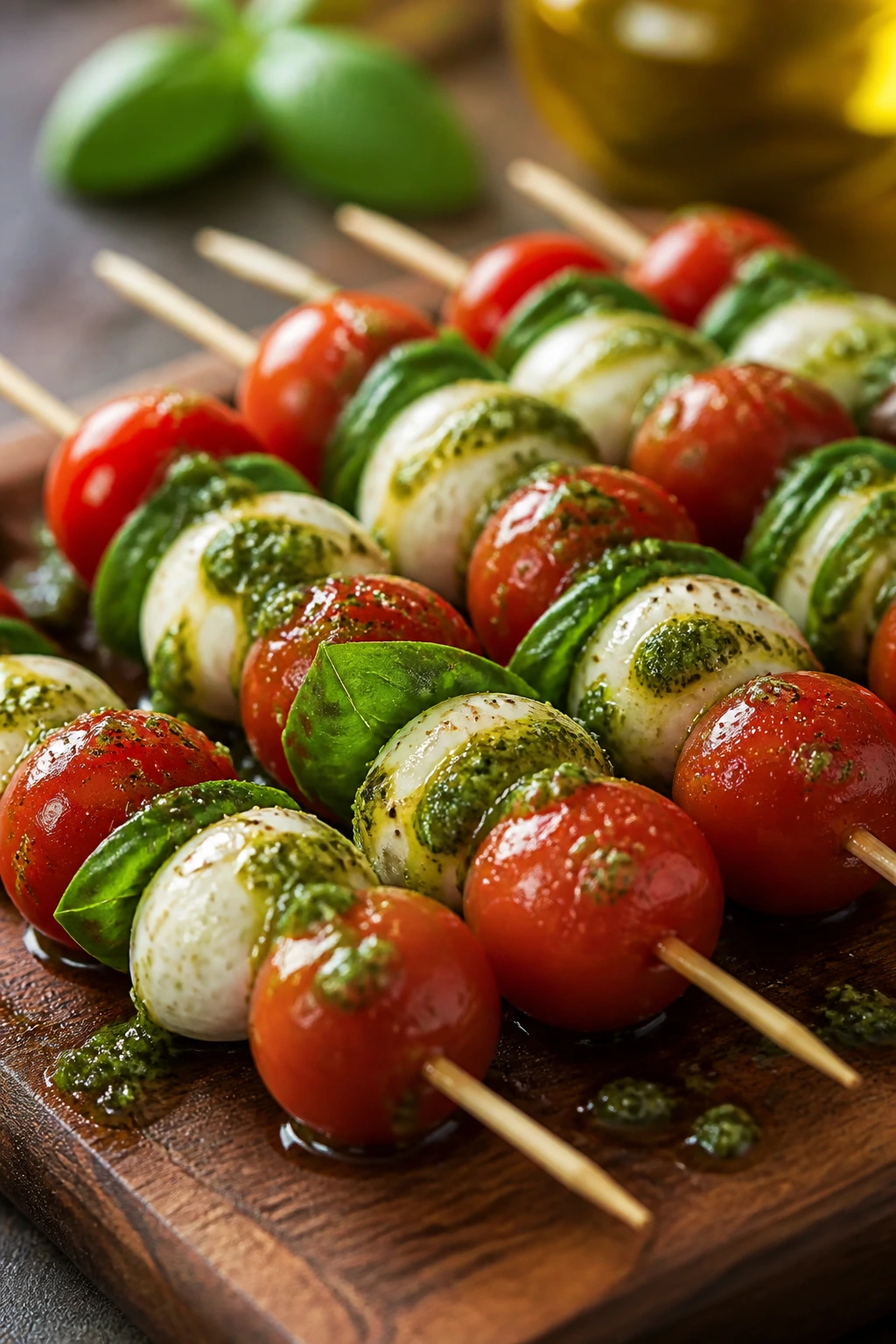 Caprese skewers with mozzarella, tomato, and basil on board