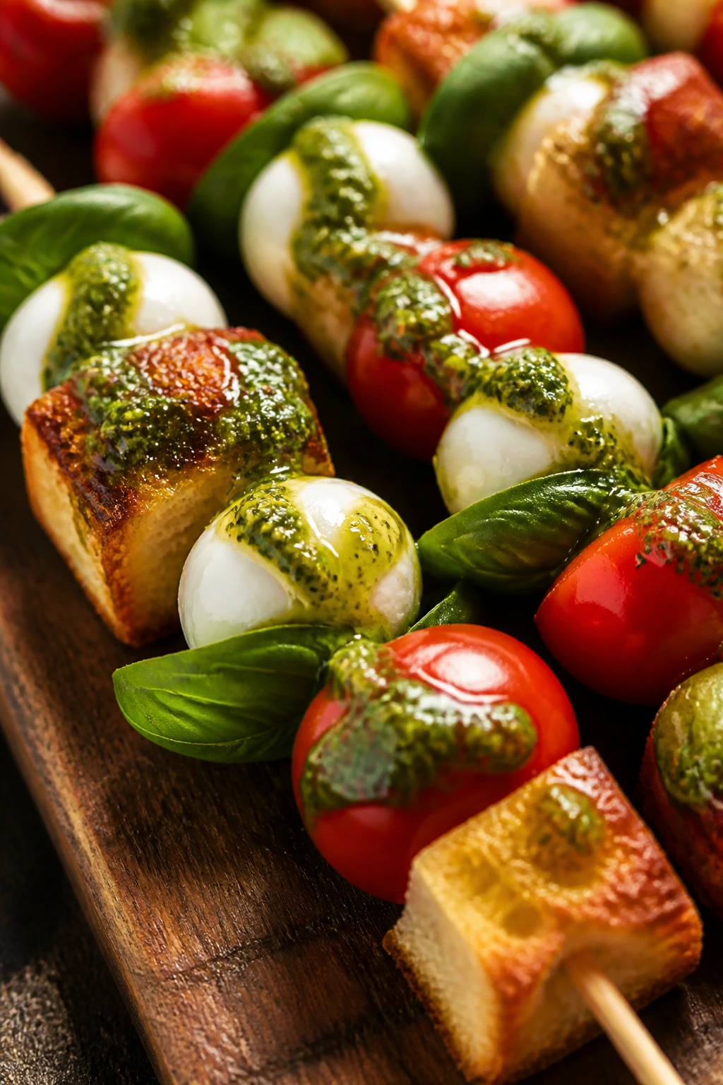 Close-up Caprese skewers with tomatoes, mozzarella, basil, bread, and pesto drizzle