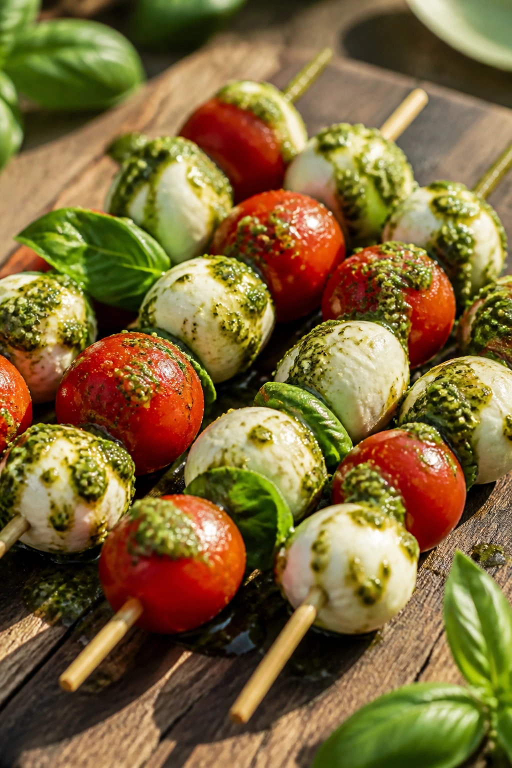 Close-up of caprese skewers with basil pesto drizzle on a wooden board