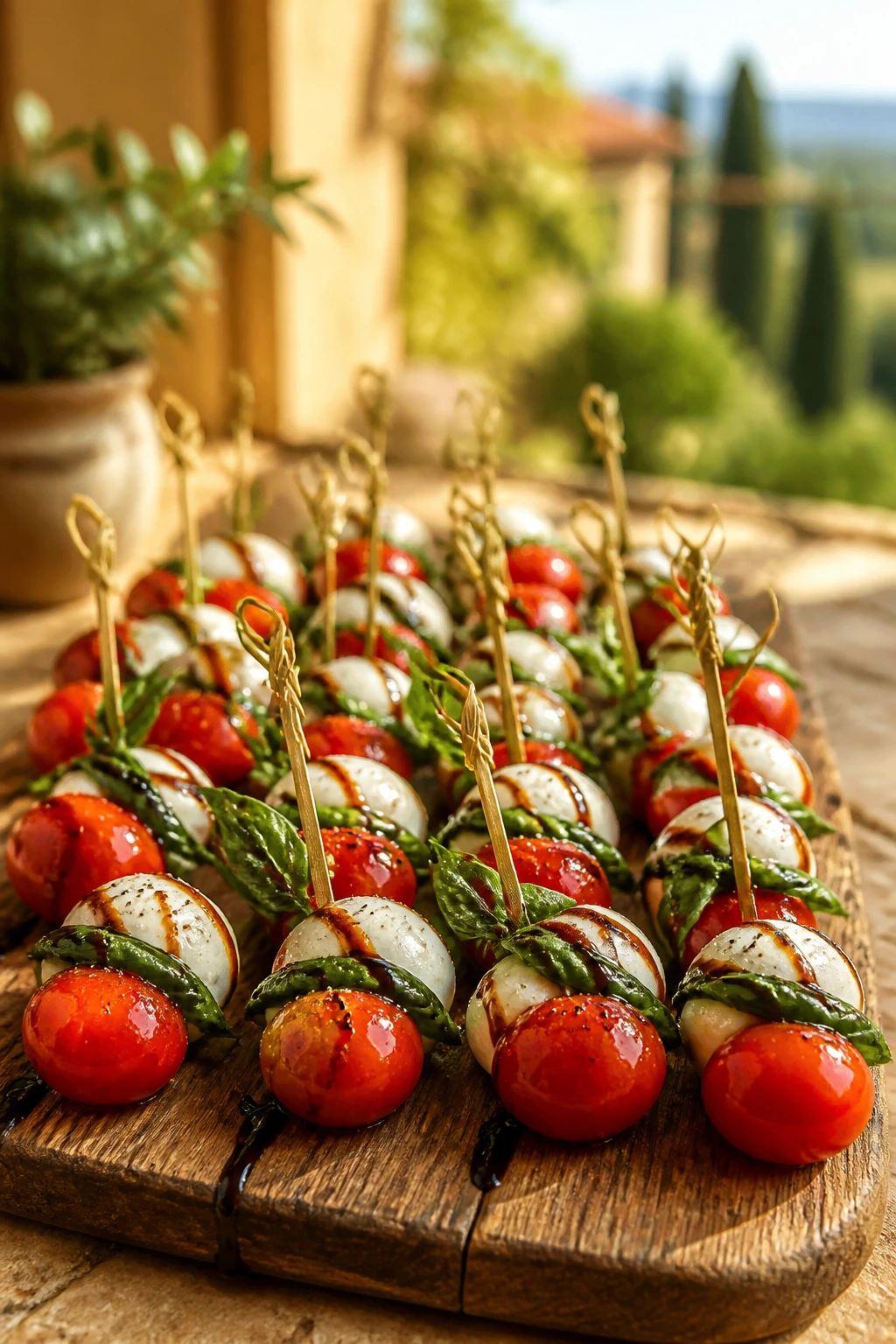 Close-up of a rustic tray of Caprese skewers with tomatoes, mozzarella, and basil on a wooden board