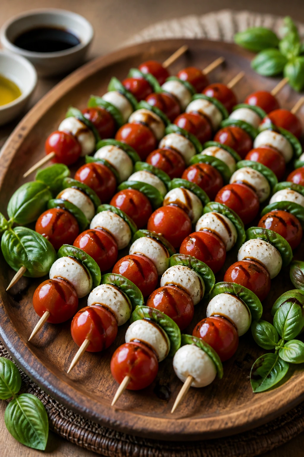 Caprese skewers on wooden platter ready for serving