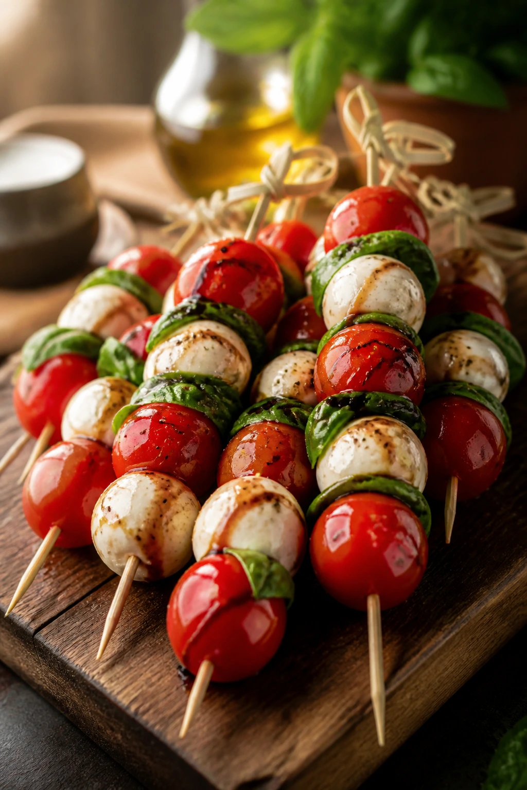 Caprese skewers with tomatoes mozzarella basil on a wooden board under warm kitchen light