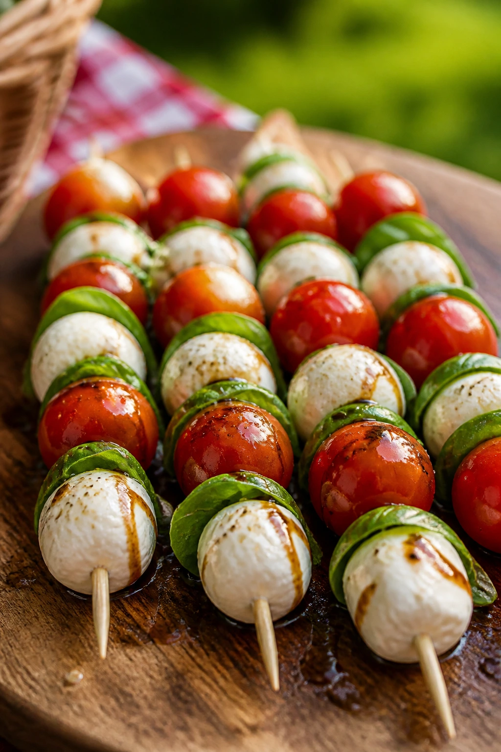 Close-up of Caprese skewers on a wooden platter outdoors