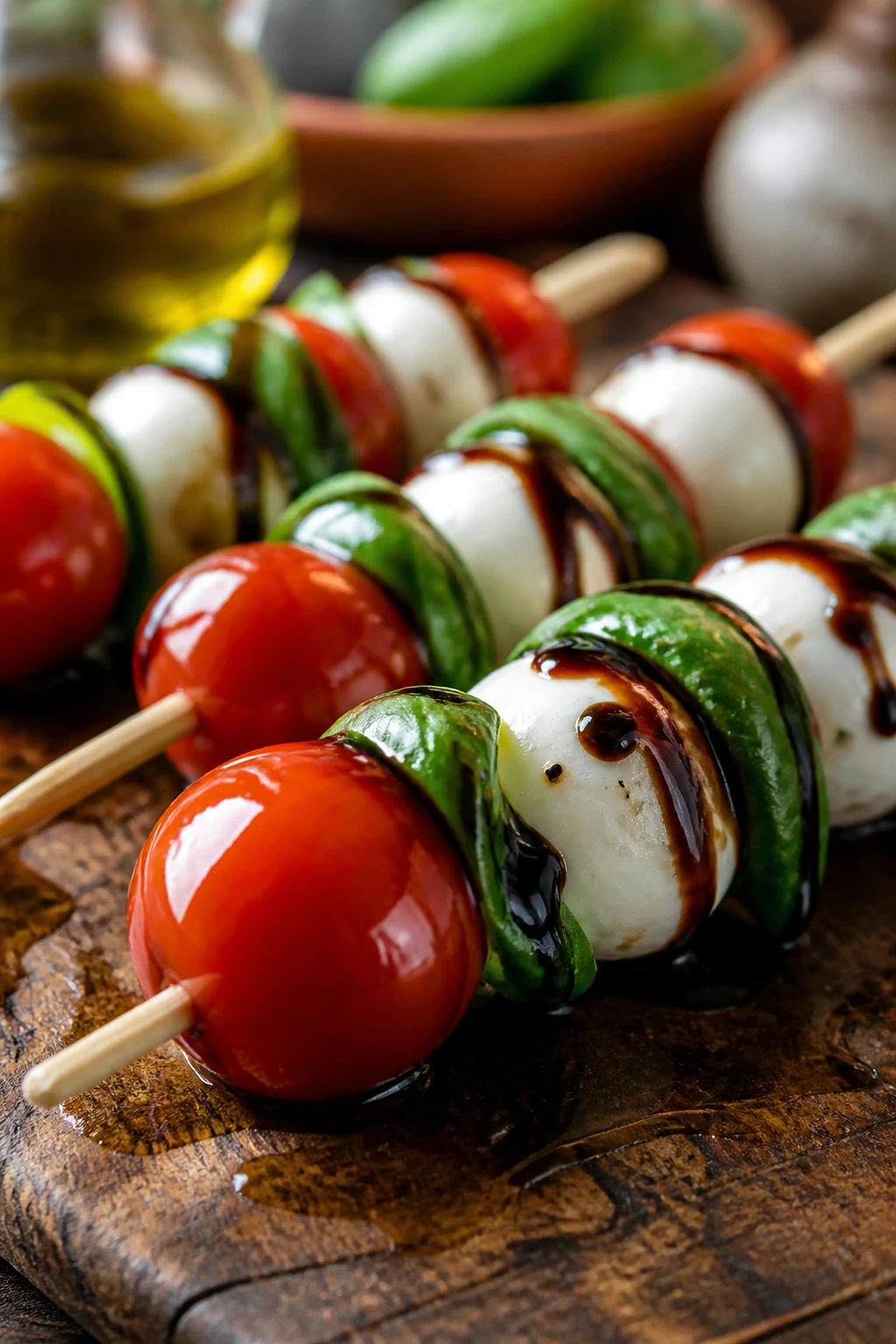 Classic balsamic caprese skewers with glossy glaze on tomatoes and mozzarella on wooden board