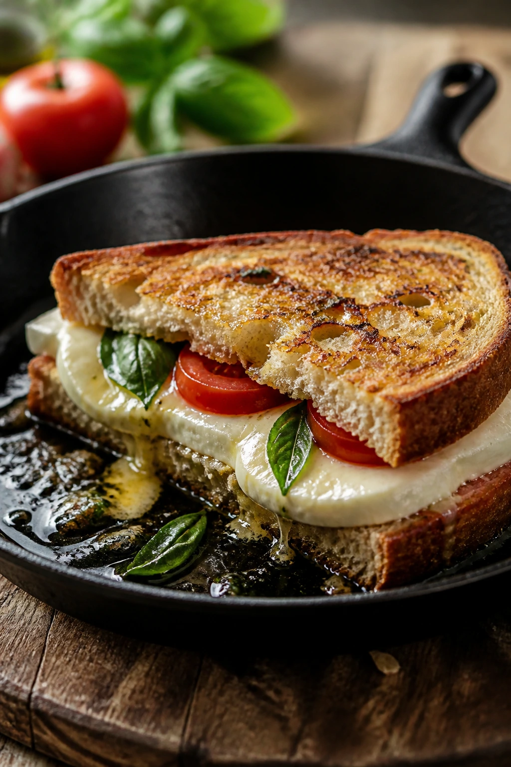 Close-up of Caprese sandwich melting in a skillet with mozzarella and tomatoes