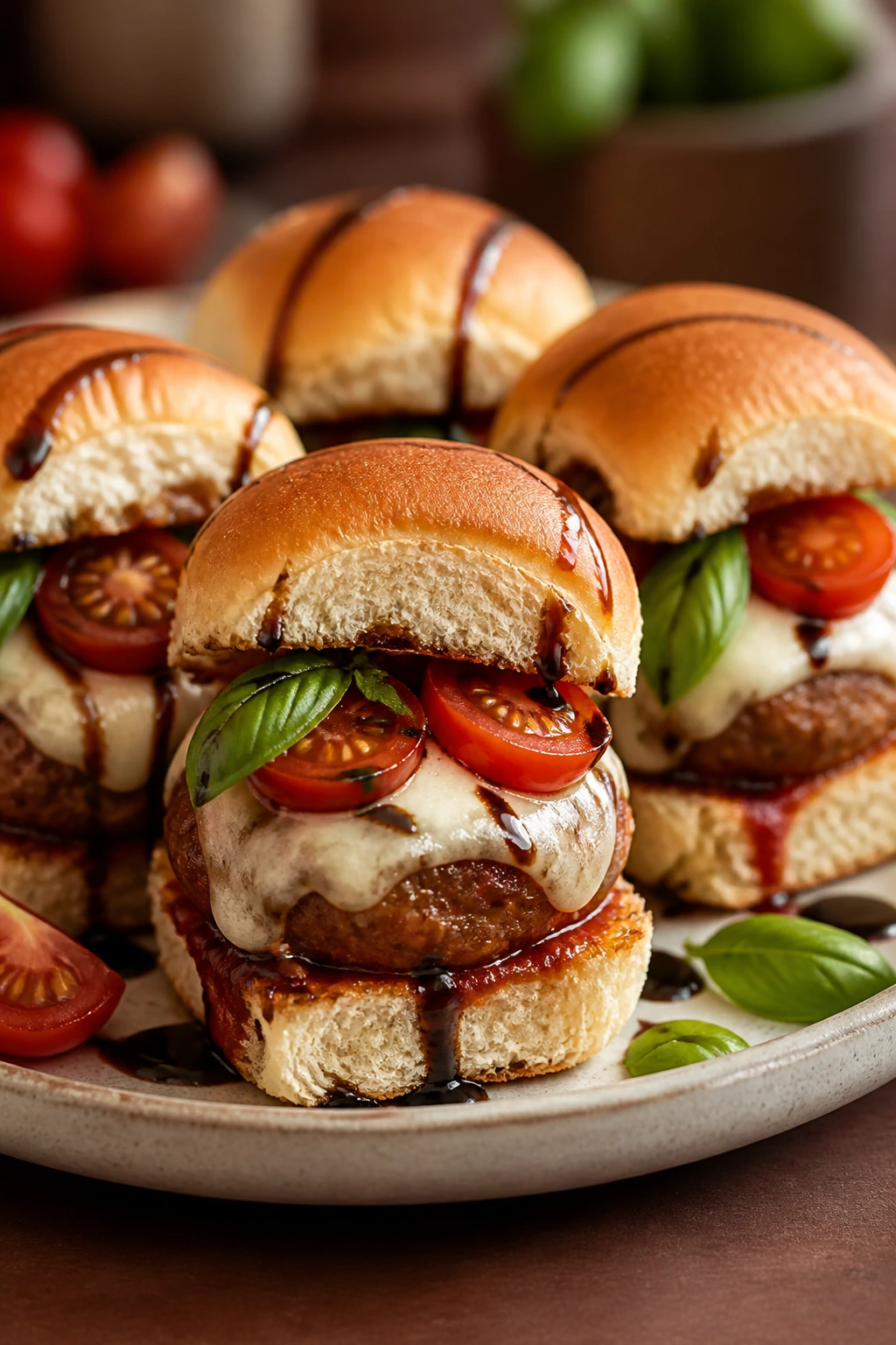 Caprese meatball sliders with mozzarella, tomatoes, and basil on a plate