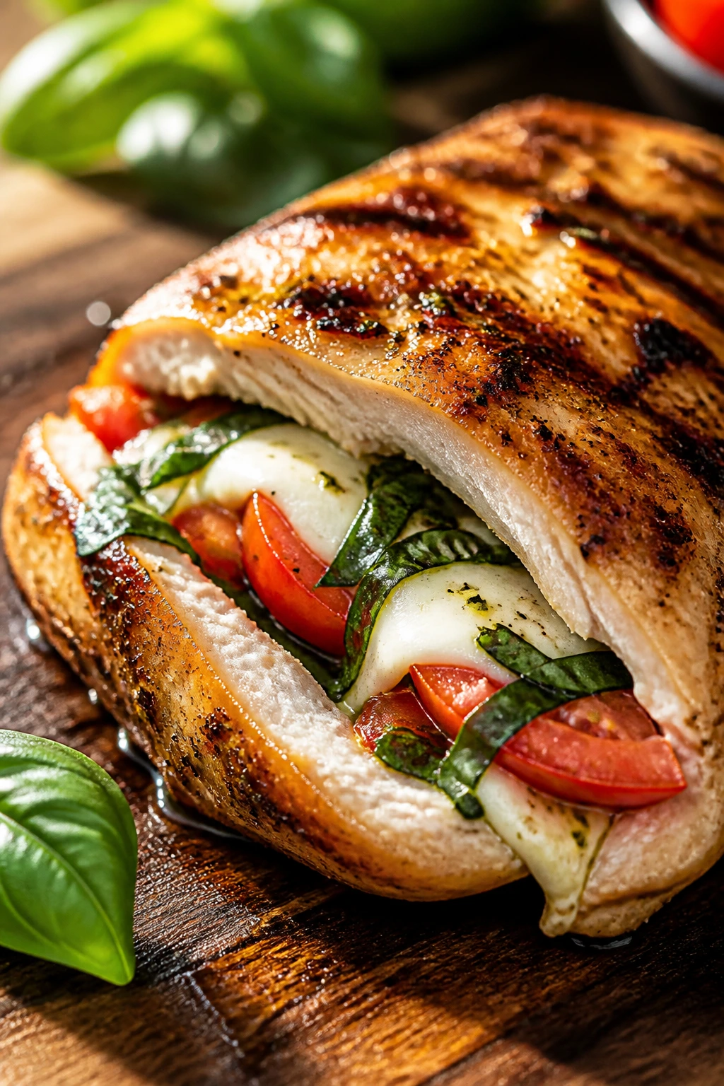 Close-up Caprese stuffed chicken breast showing filling outdoors