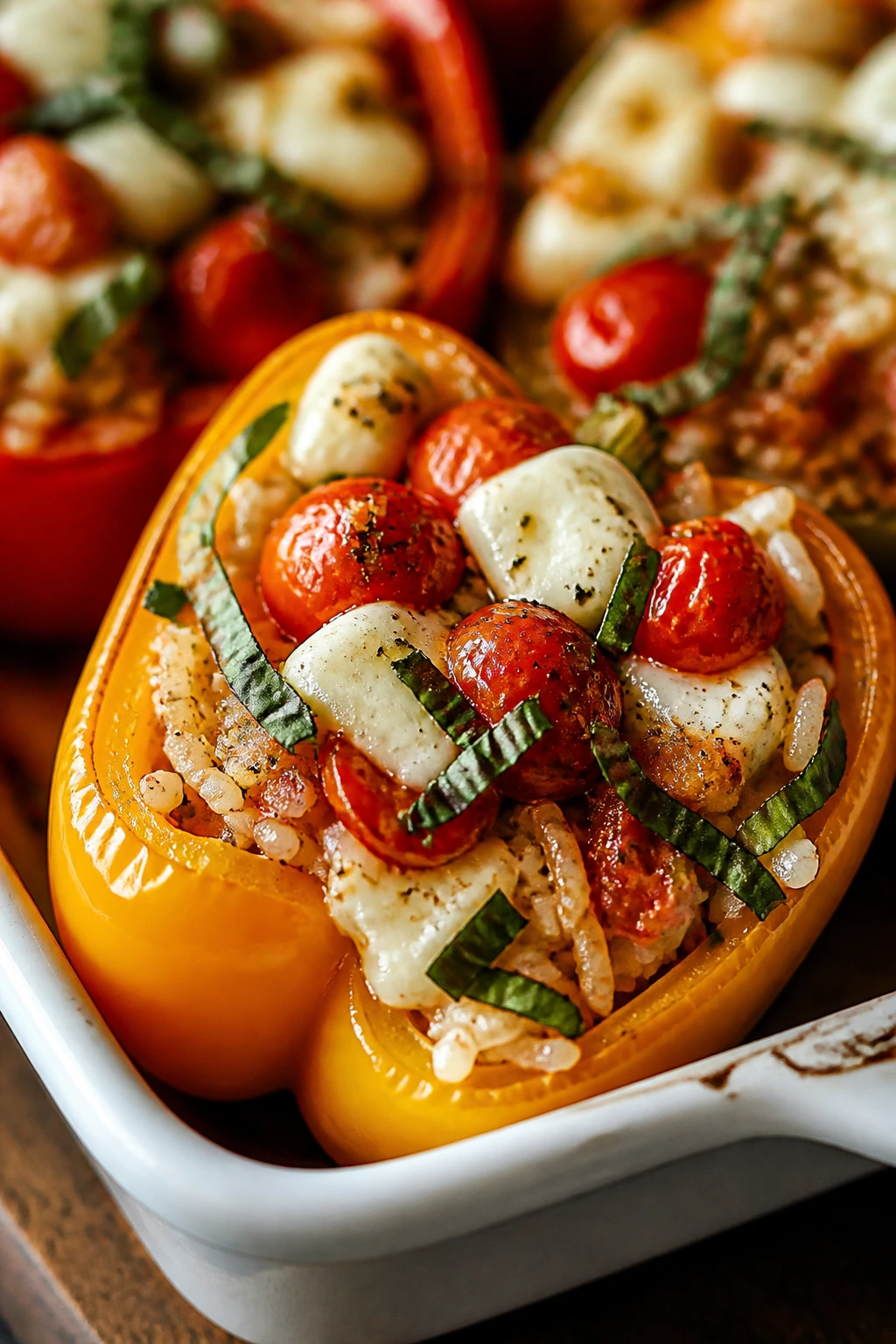 Stuffed bell pepper half with rice, tomatoes, mozzarella and basil filling