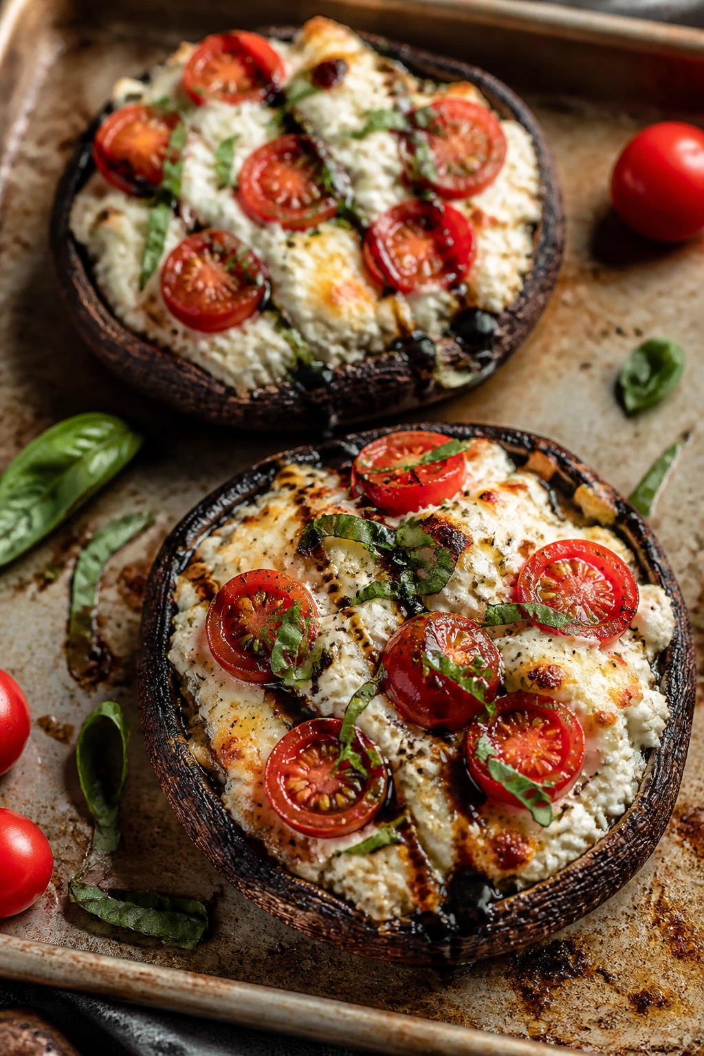 Caprese Stuffed Portobellos ready for roasting on sheet pan