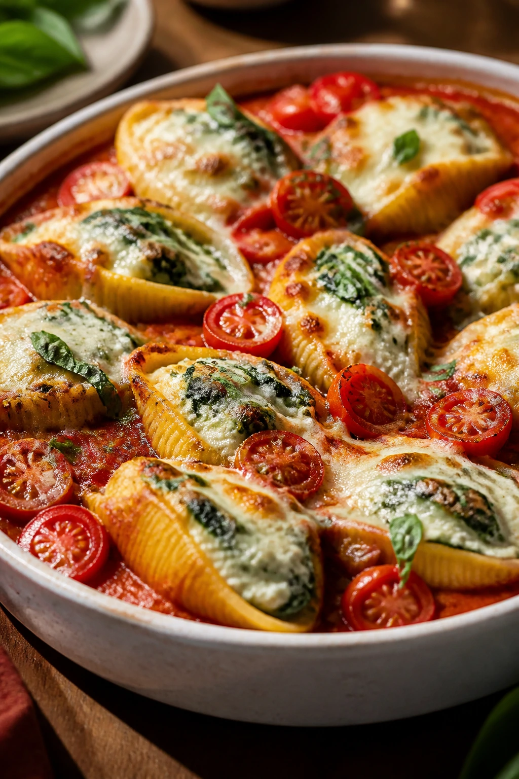 Close-up Caprese stuffed shells with ricotta and mozzarella in marinara