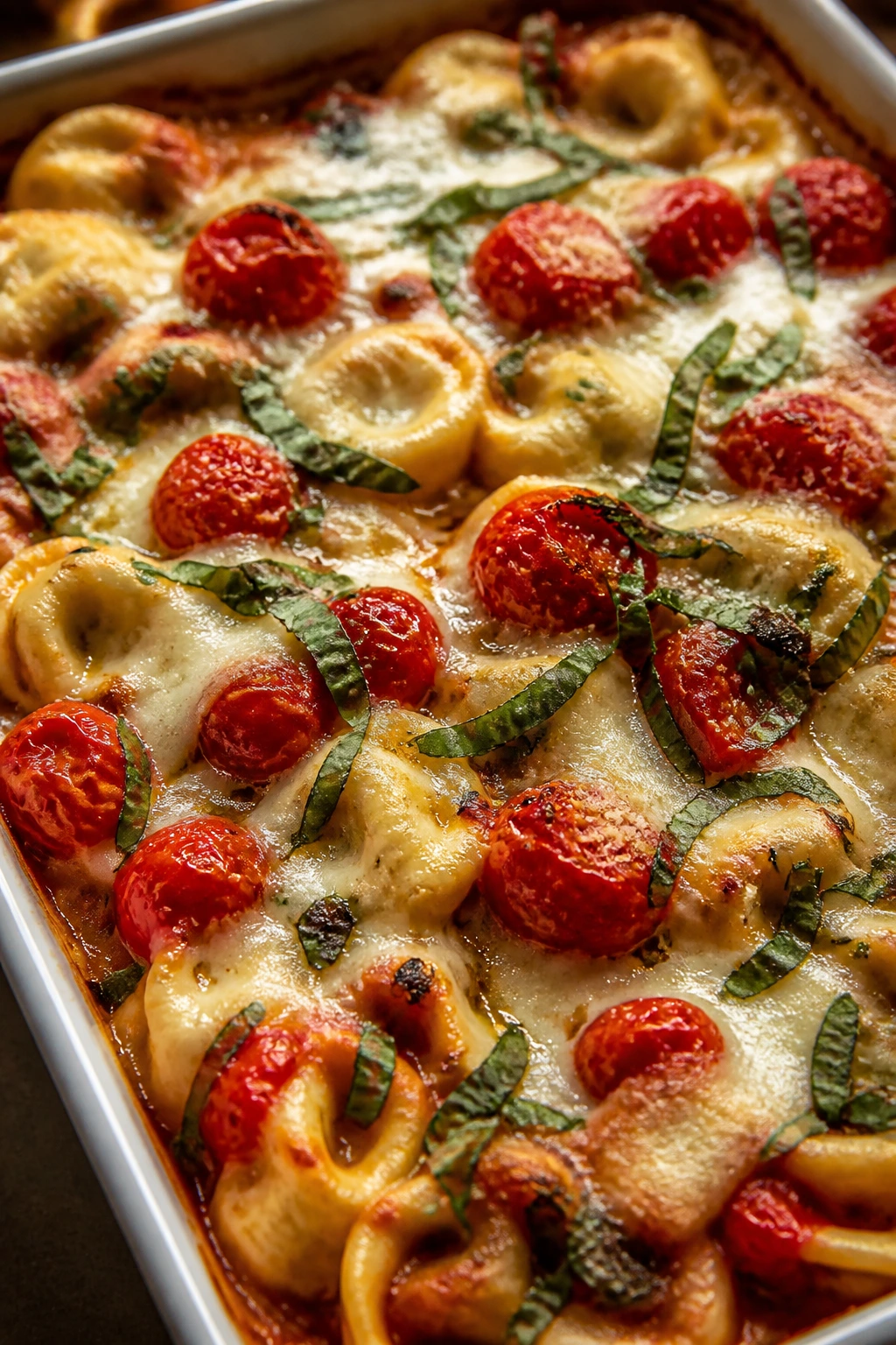 Baked caprese tortellini with mozzarella and Parmesan