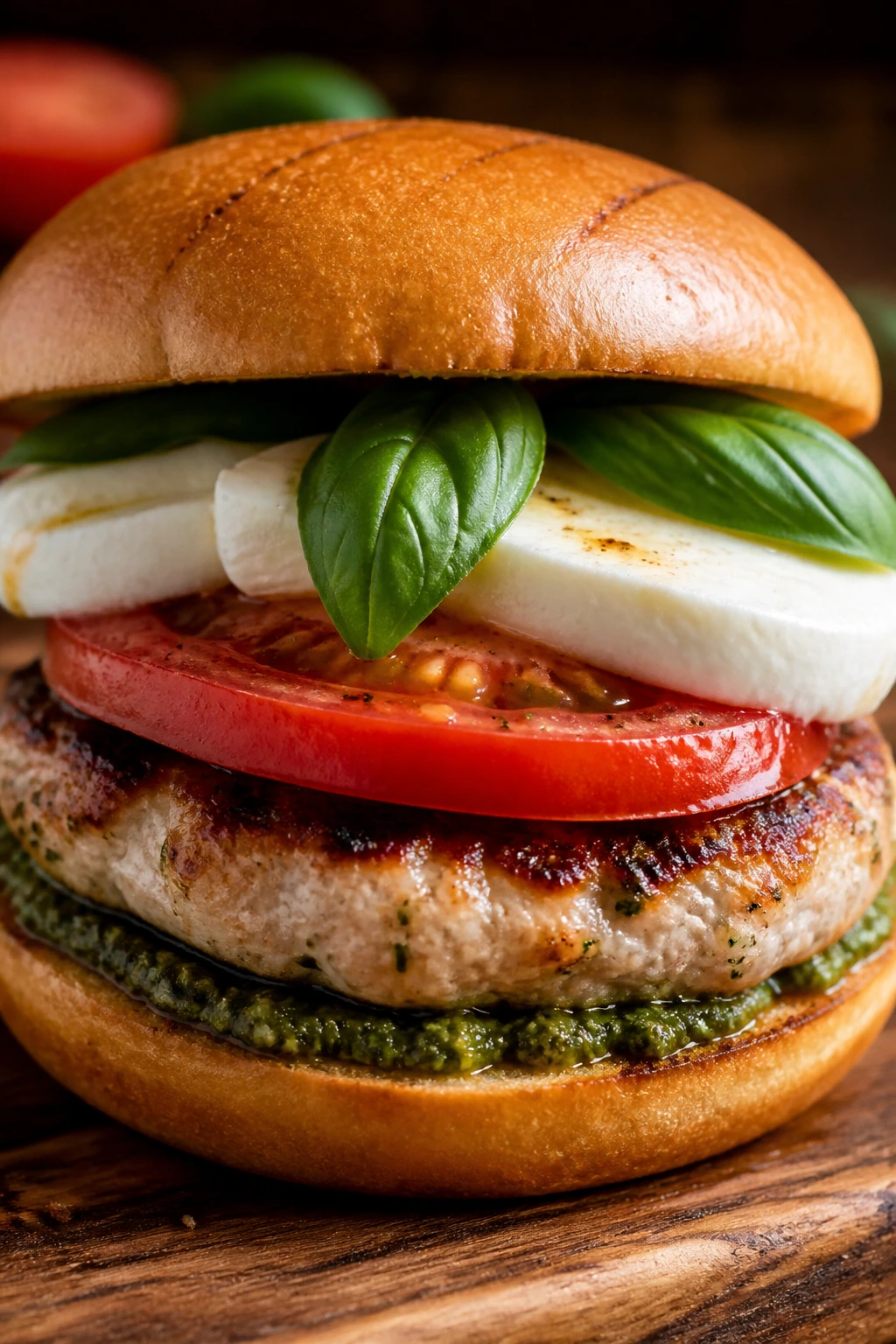 Close-up of Caprese turkey burger with mozzarella, tomato, and basil on a bun
