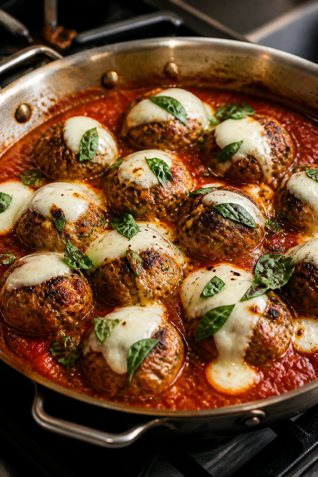 Caprese turkey meatballs with mozzarella pearls in tomato sauce