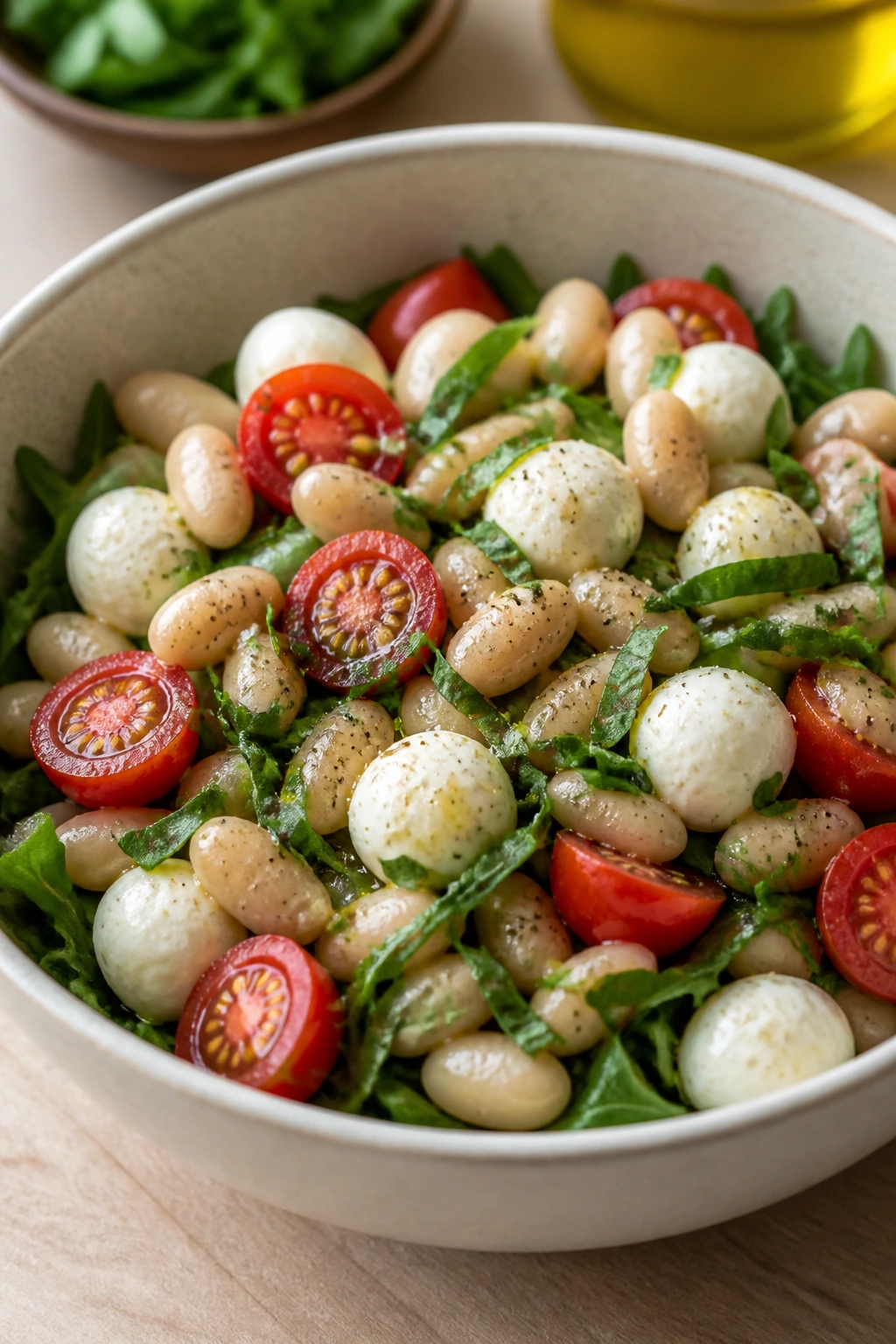 Caprese white bean bowl with mozzarella, tomatoes and basil