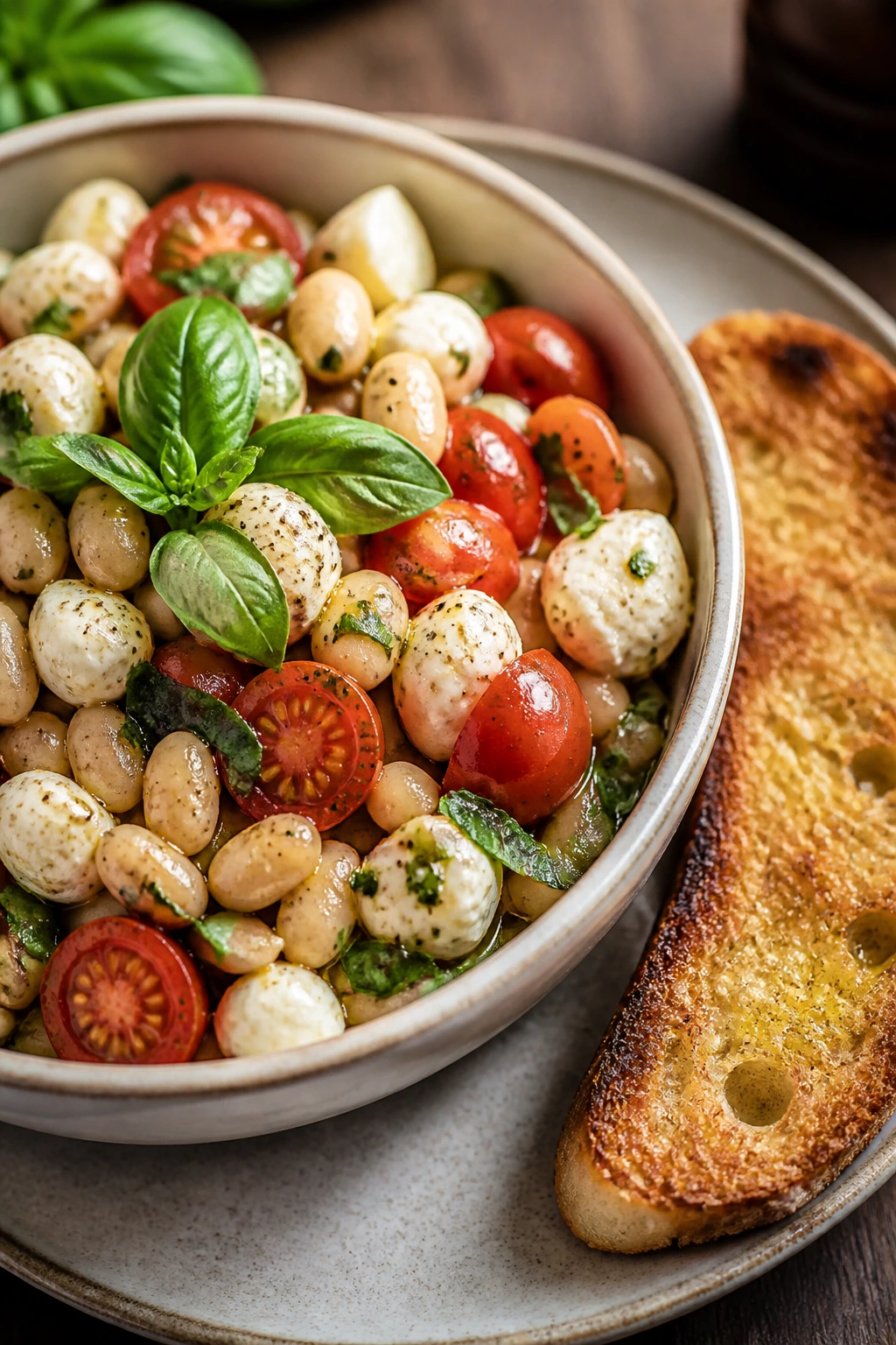 Close-up bowl of Caprese white bean salad with tomatoes, mozzarella, basil, and toasted bread