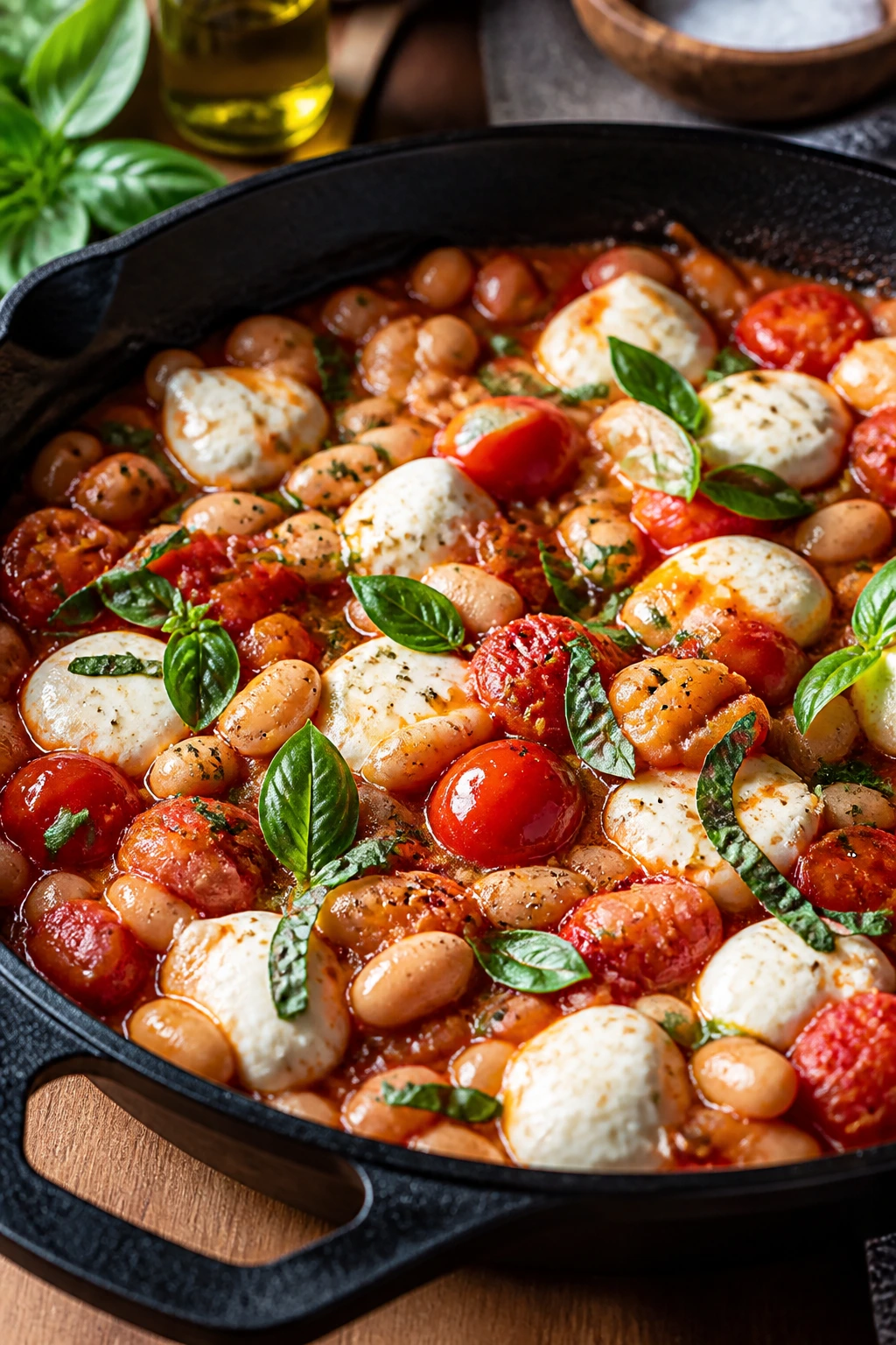 Close-up of Caprese White Bean Skillet with beans, tomatoes, mozzarella and basil