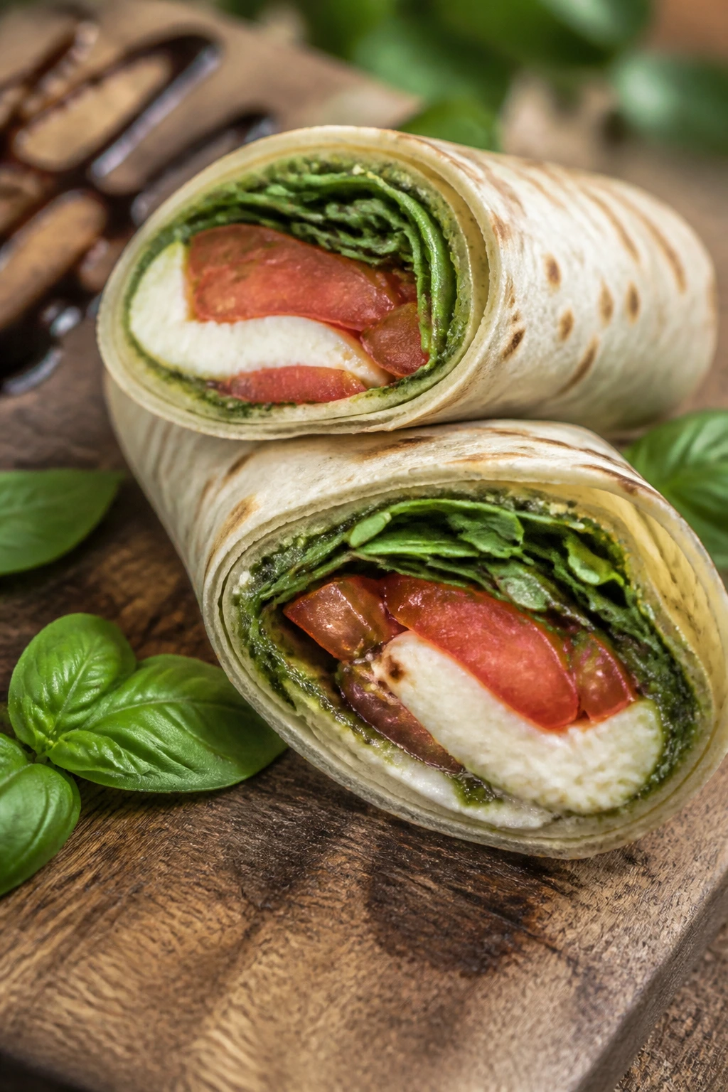 Close-up of Caprese Pesto Wrap showing mozzarella, tomato, arugula and pesto on wooden board