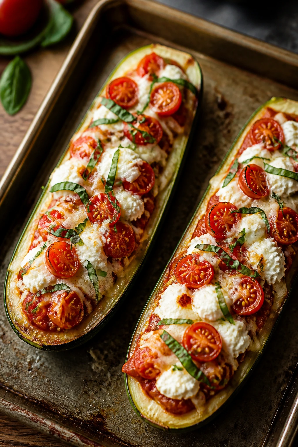 Caprese zucchini boats stuffed with marinara mozzarella and basil