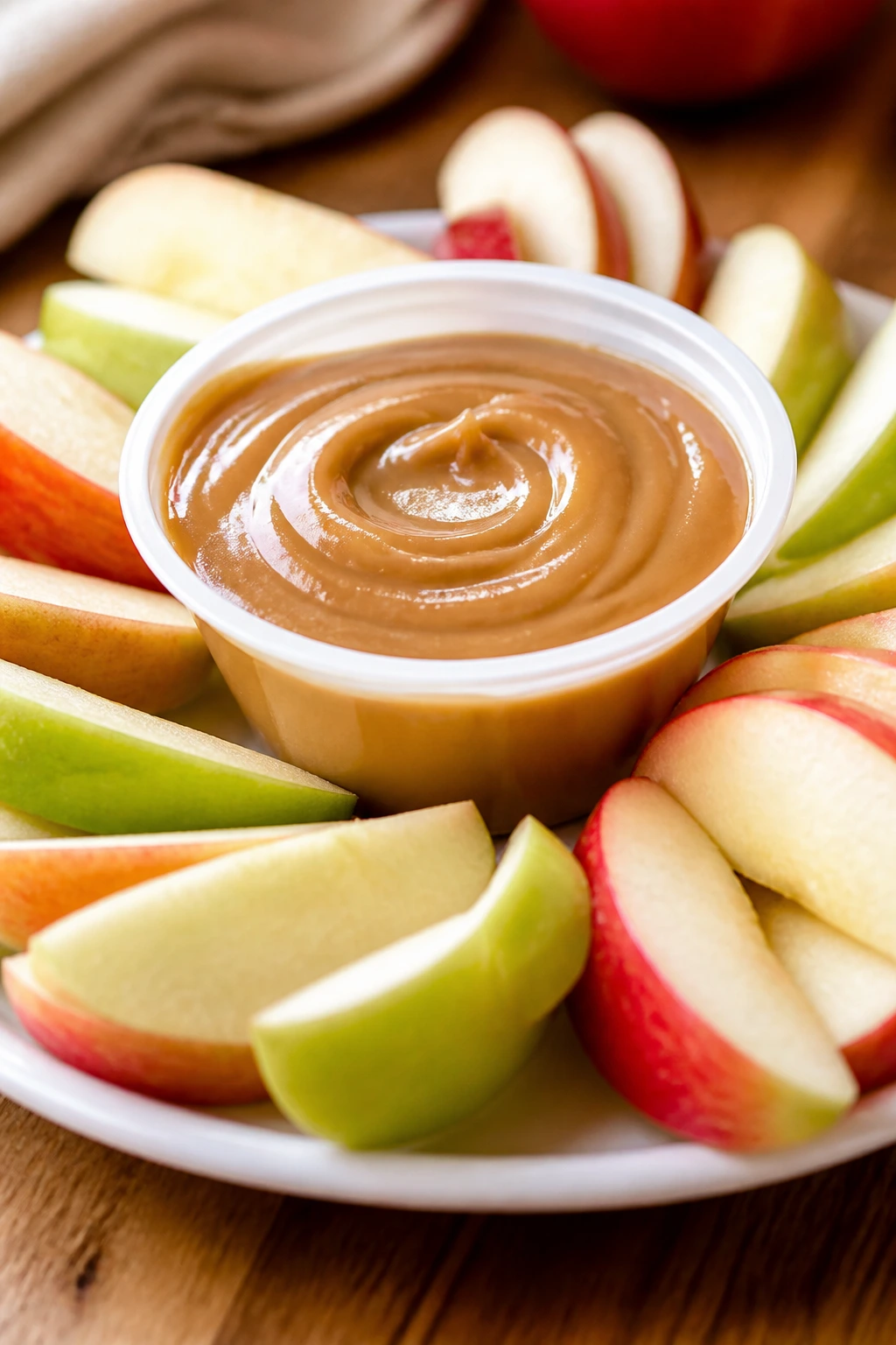 Creamy caramel apple dip with apple slices around