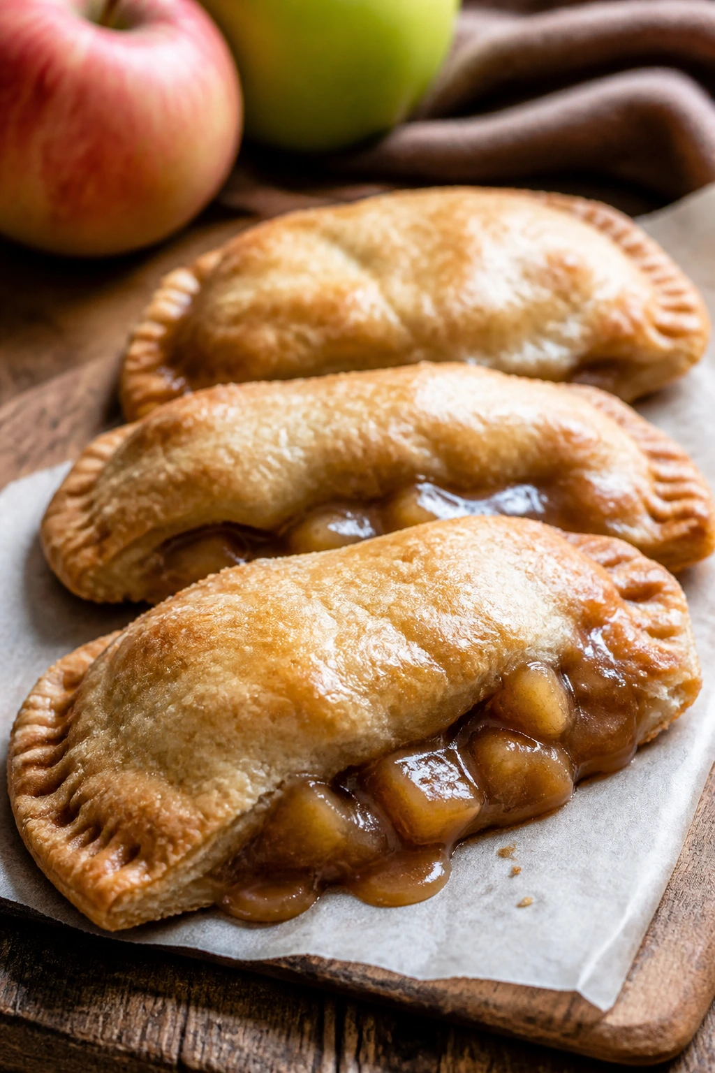 Close-up of caramel apple hand pies on parchment in a warm kitchen