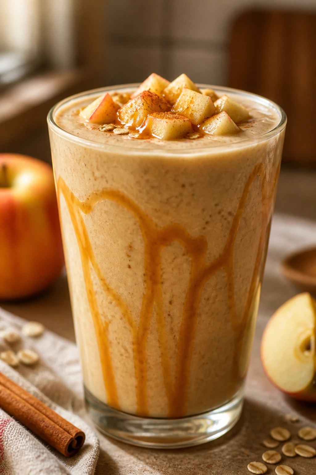 Close-up of Caramel Apple Oat Smoothie with caramel swirl in glass