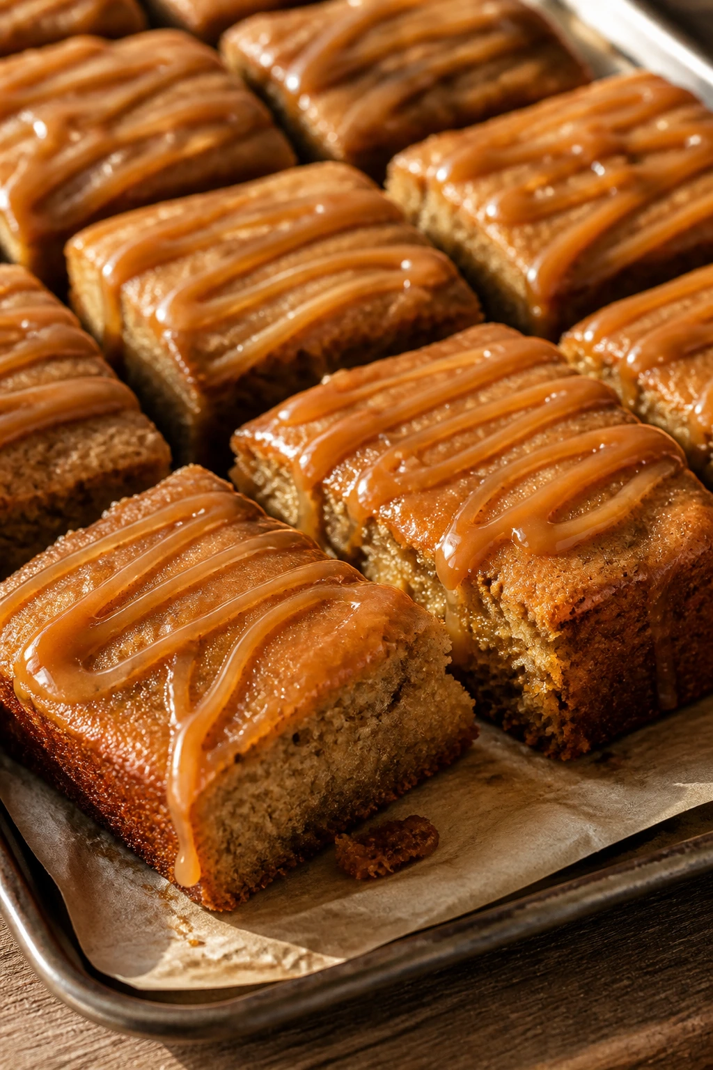 Banana bread bars with caramel drizzle on a wooden surface