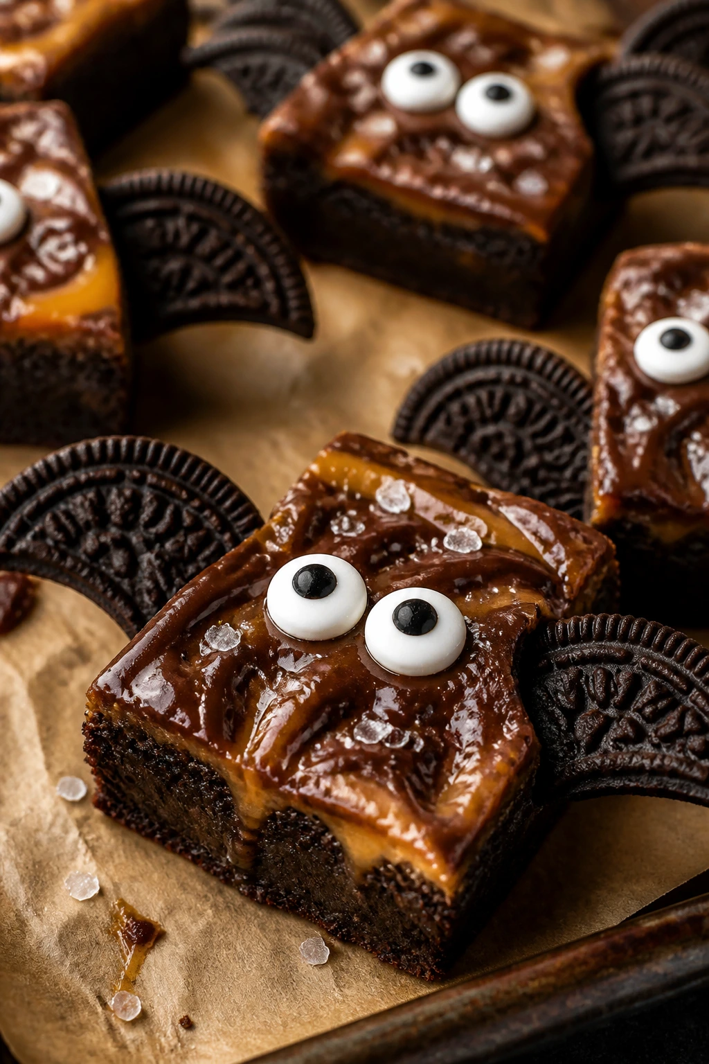 Close-up of salted caramel bat brownie with Oreo wings and candy eyes