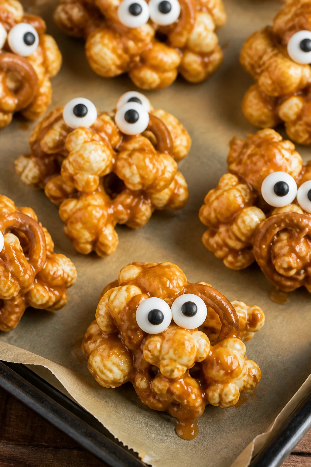 Close-up of caramel-coated popcorn clusters with candy eyes on parchment.