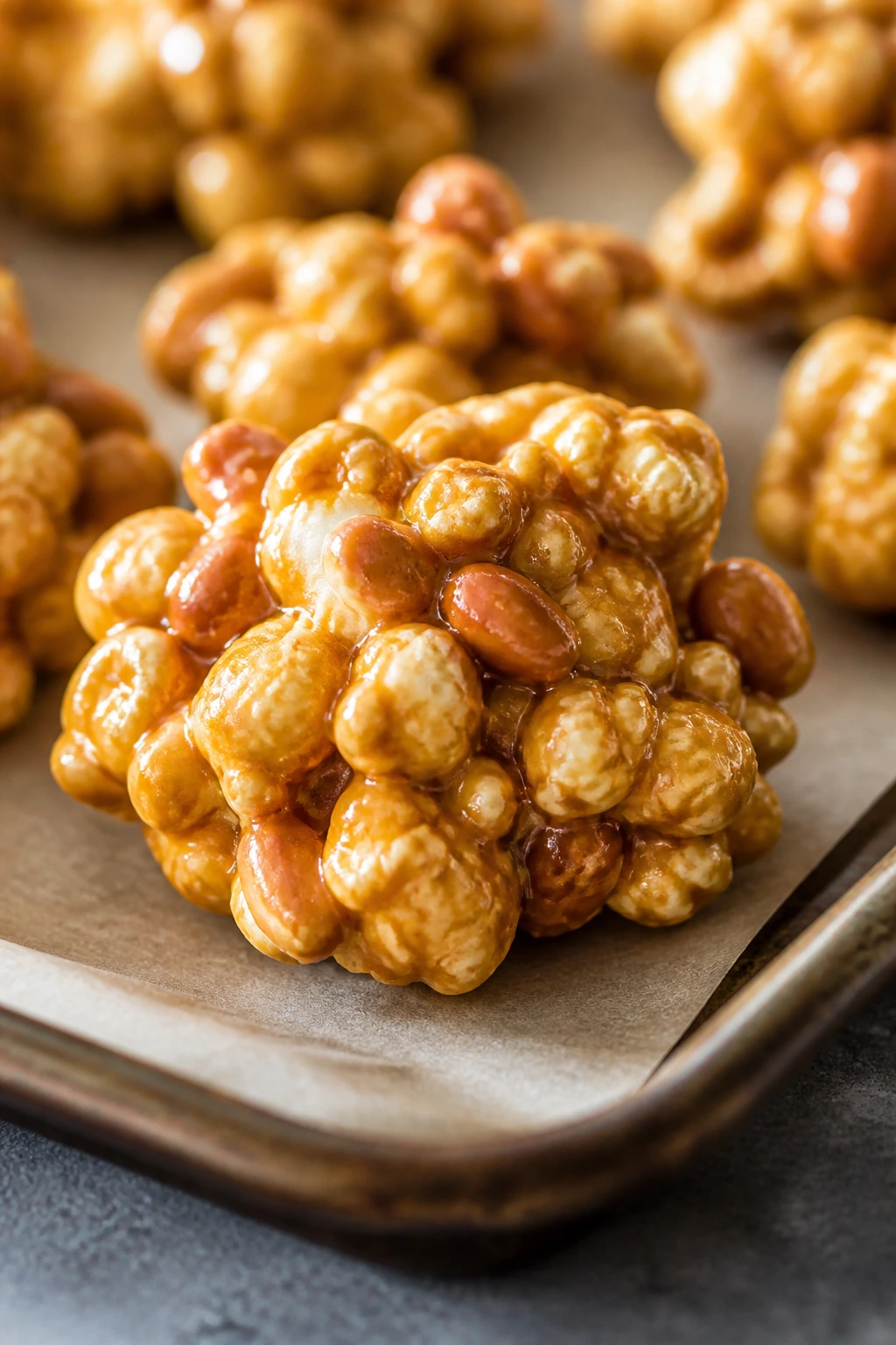Close-up of caramel corn clusters on parchment in a cozy kitchen