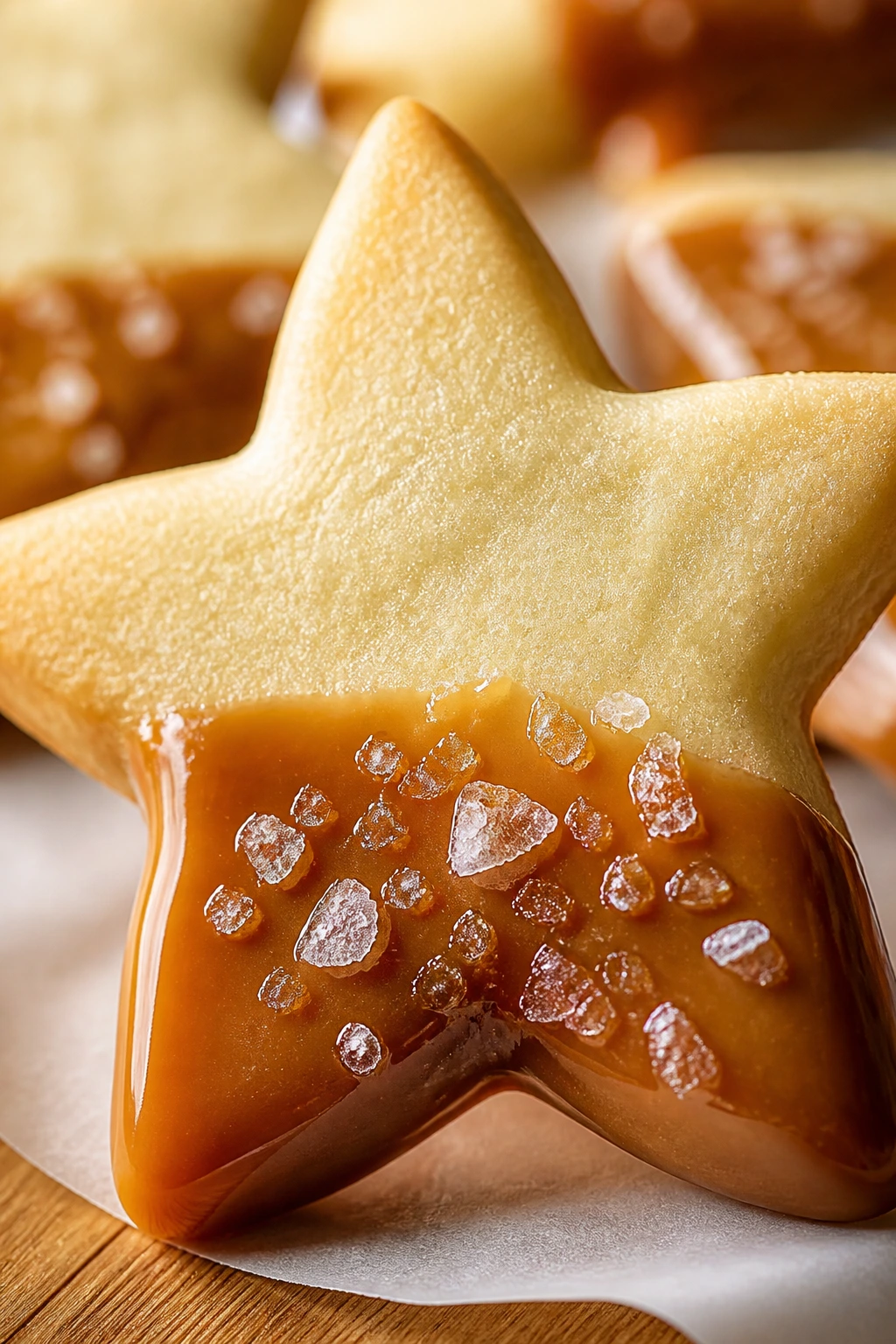 Caramel-dipped salted star cookie with caramel edge
