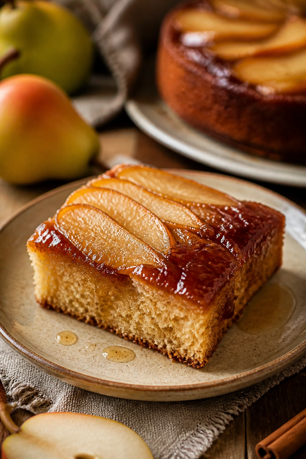 Close-up of caramel pear upside-down cake slice with pears and caramel glaze