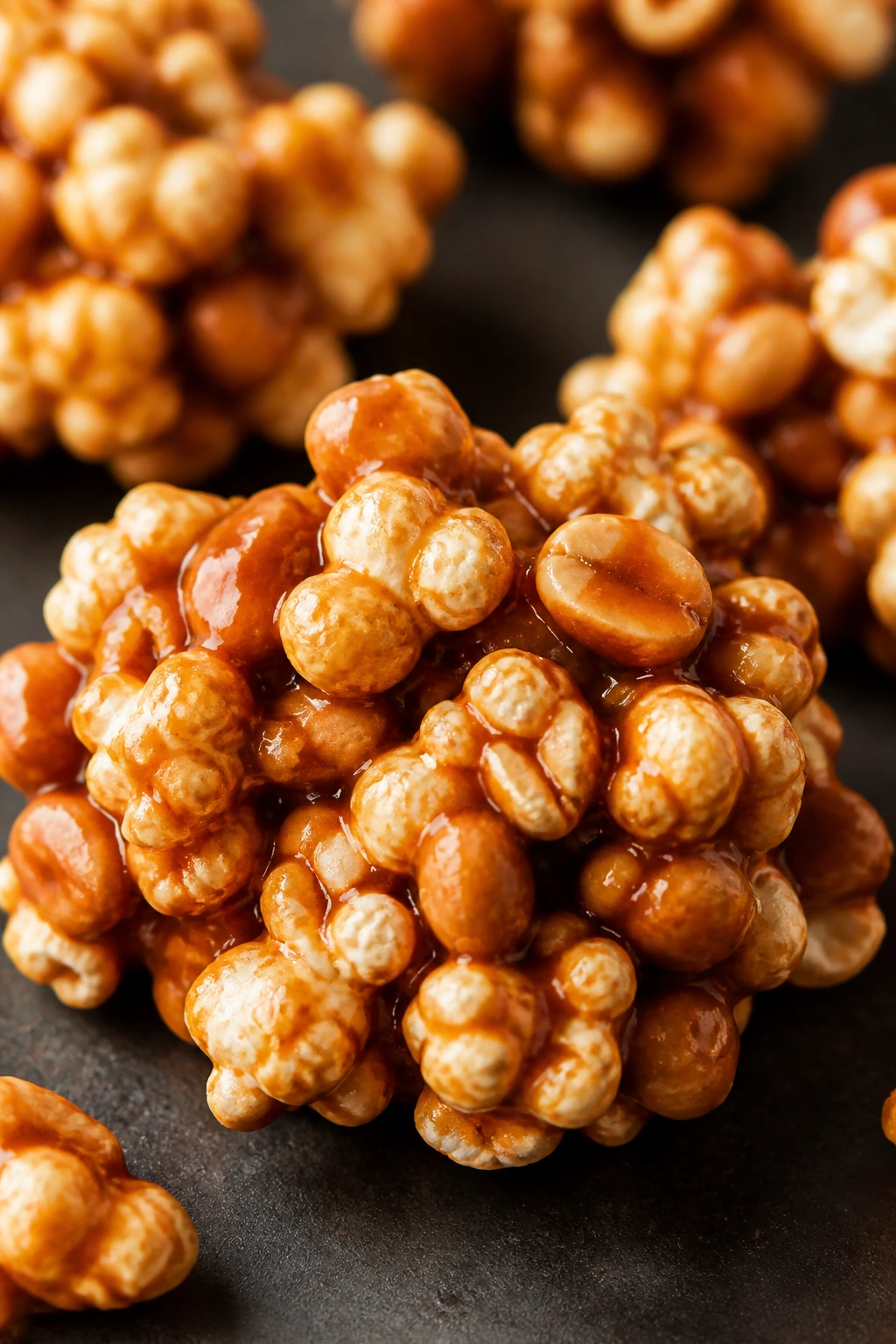 Caramel popcorn clusters with nuts on dark surface
