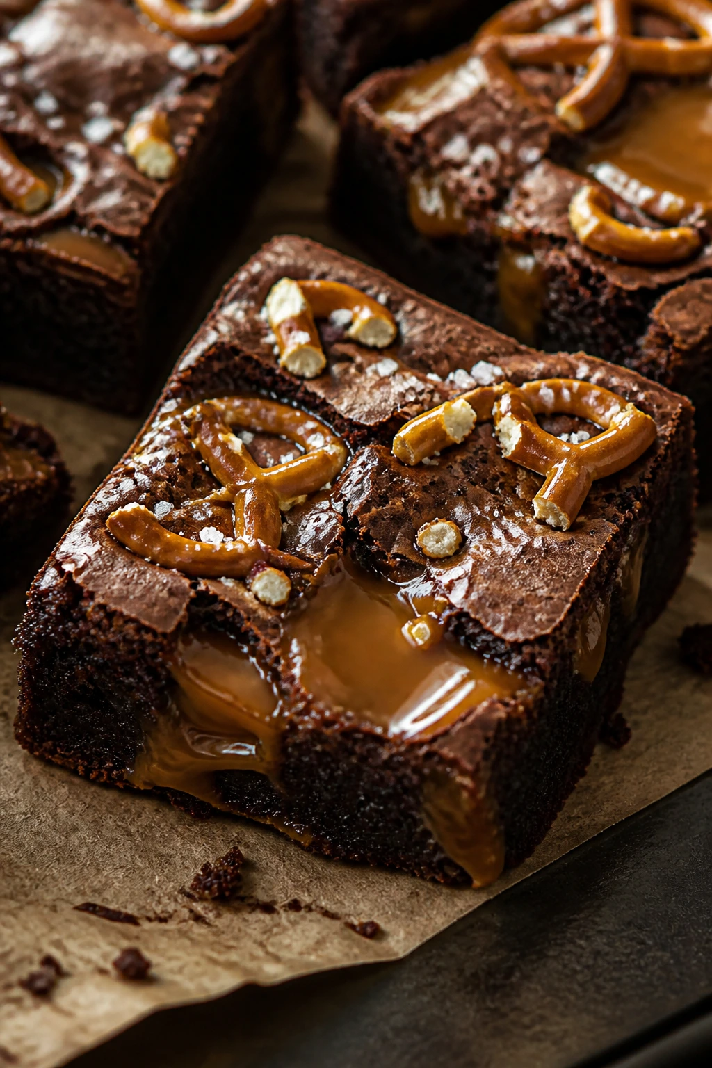 Brownie with caramel pockets and pretzel topping