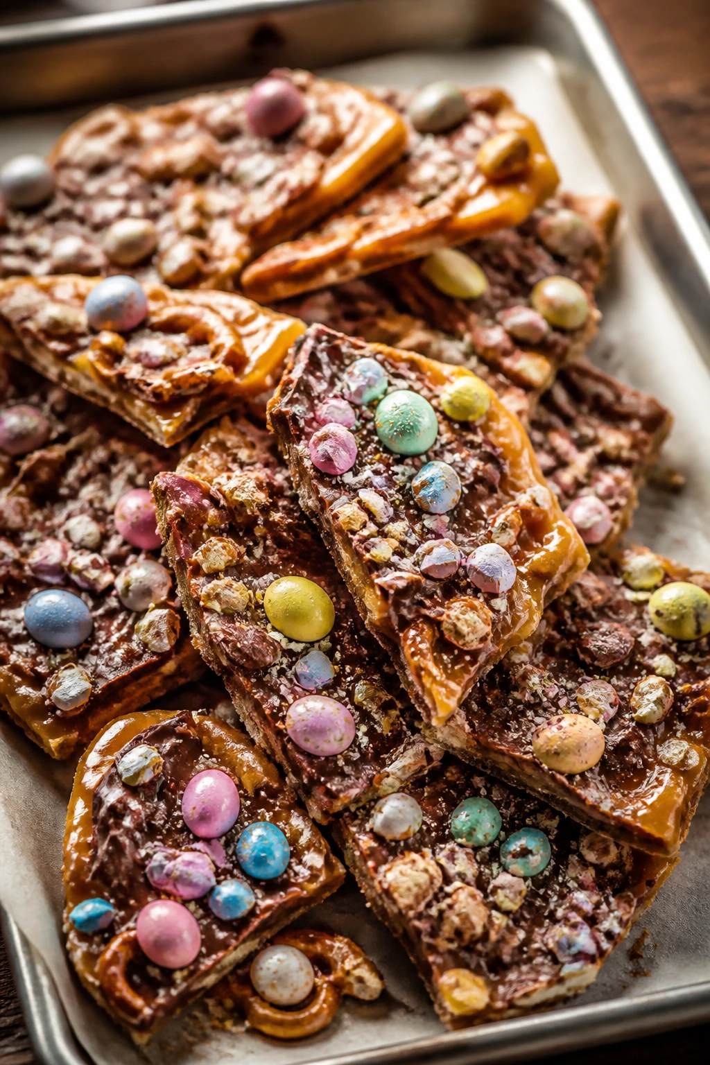 Close-up of caramel pretzel crack with Easter candy on parchment.