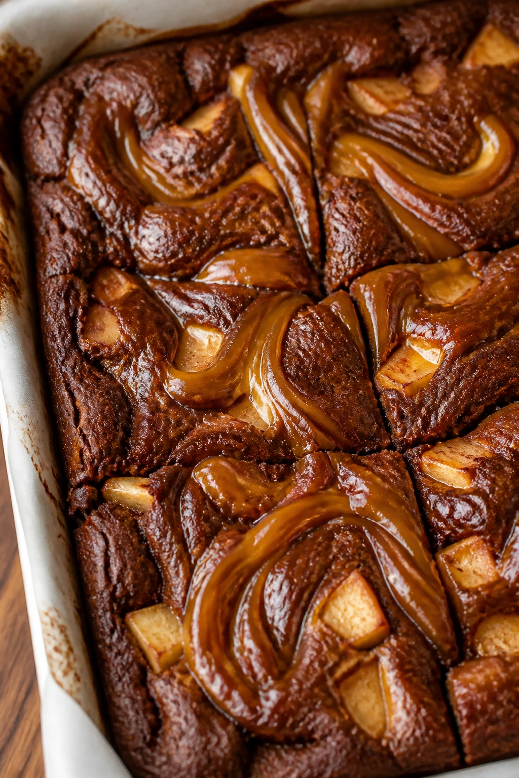 Close-up of caramel-swirl apple brownies with caramel ribbons