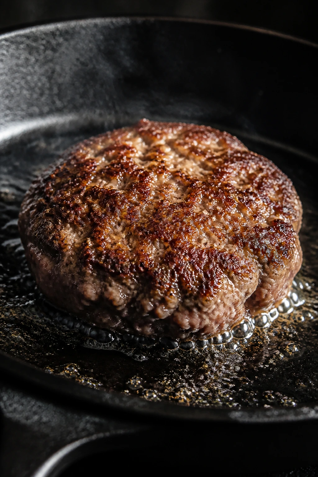 Close-up of a beef patty searing in a hot cast-iron skillet