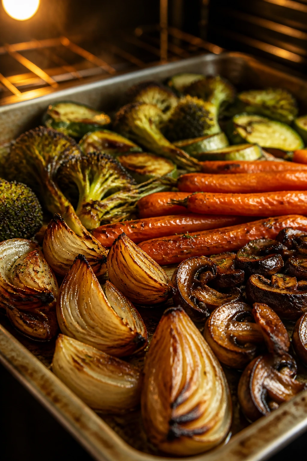 Close-up of deeply browned onions and caramelized vegetables on a roasting tray