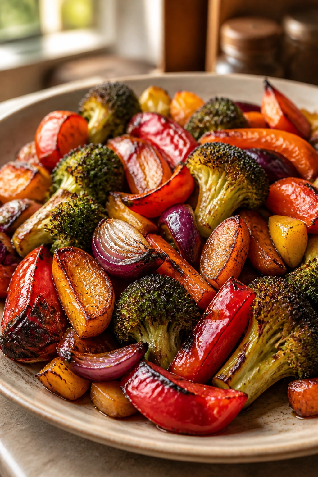 Close-up of caramelized colorful vegetables on a plate with crisp edges in a warm kitchen