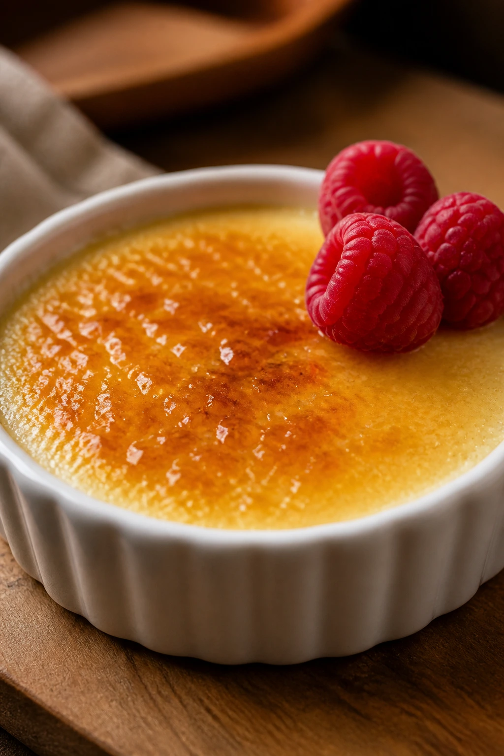 Close-up of caramelized white chocolate pots de creme with berry garnish