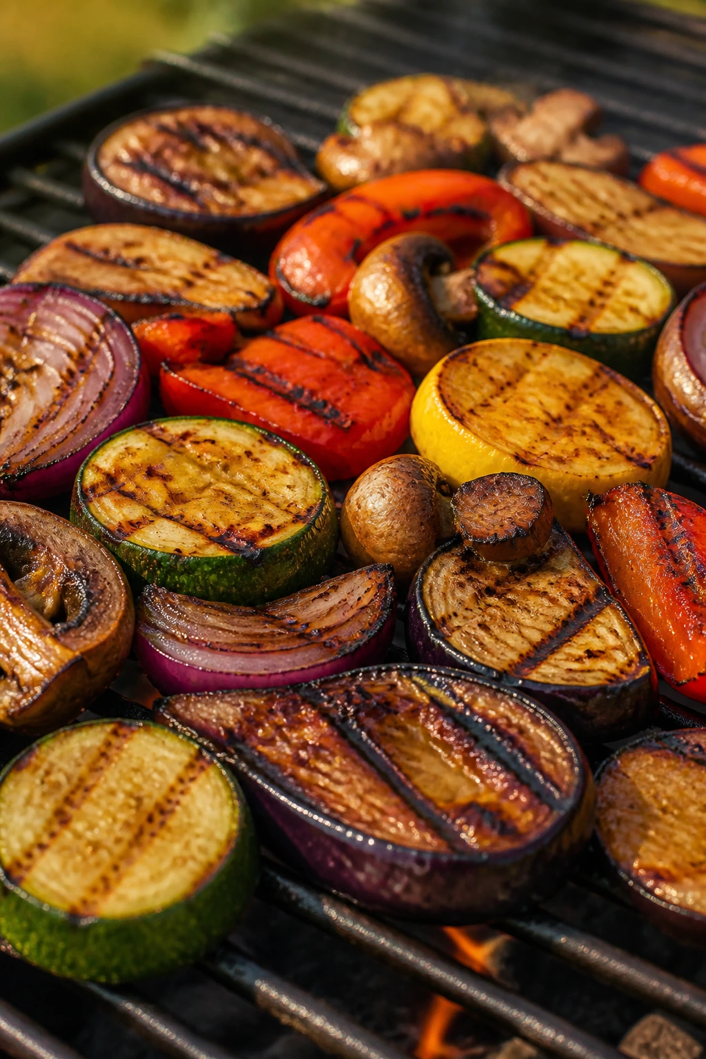 Close-up of caramelized grilled vegetables with charred edges on a grill