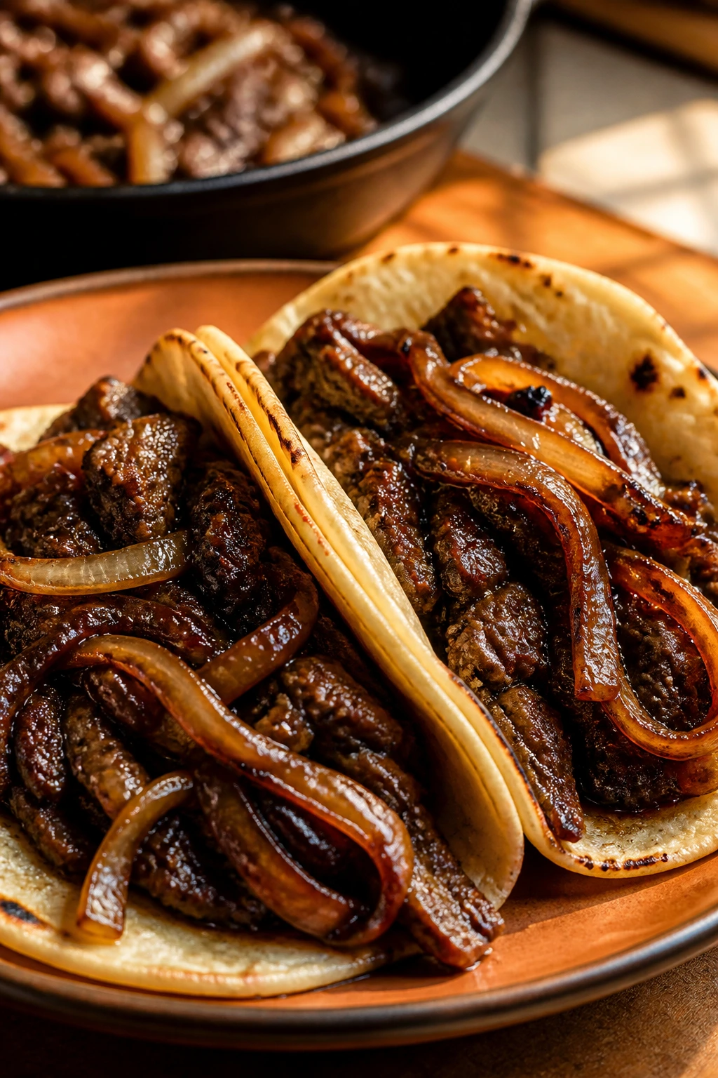 Beef tacos with caramelized onions on warm plate