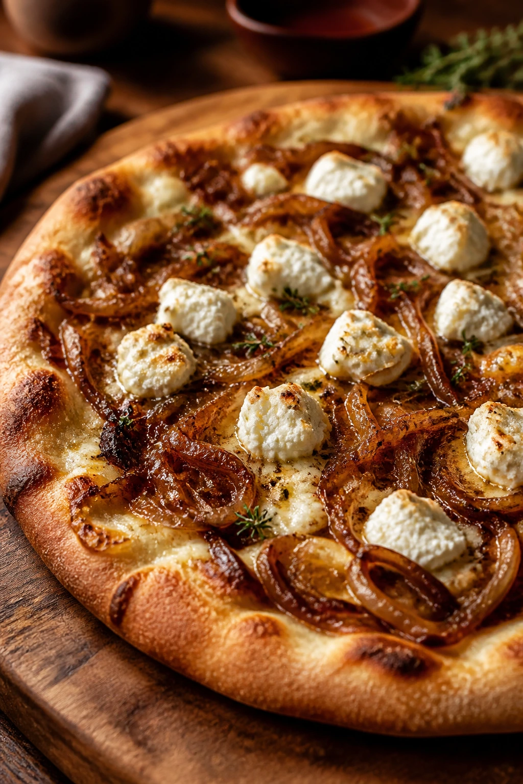 Close-up caramelized onion goat cheese pizza
