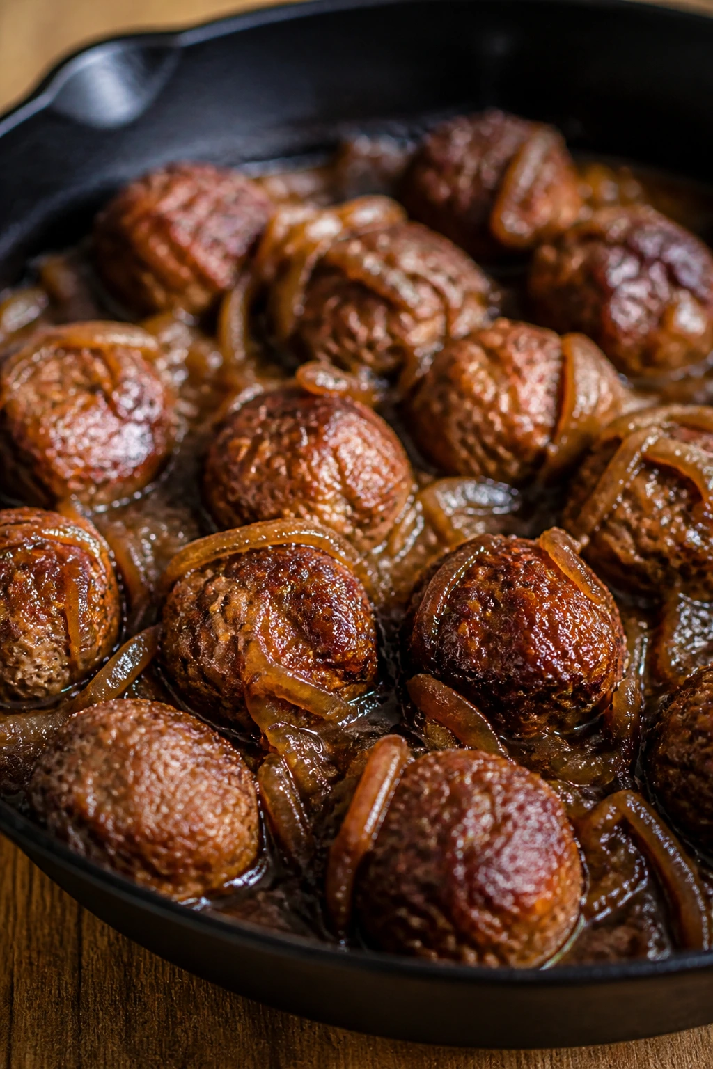 Meatballs in caramelized onion beer glaze in skillet