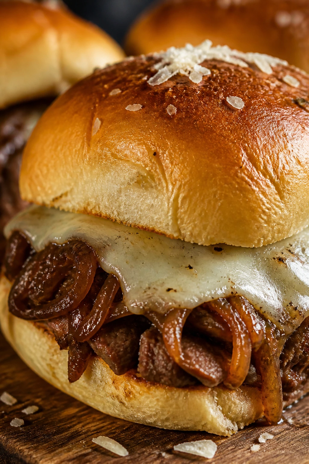 Close-up of Caramelized Onion Parmesan Sliders with jammy onions and melted cheese