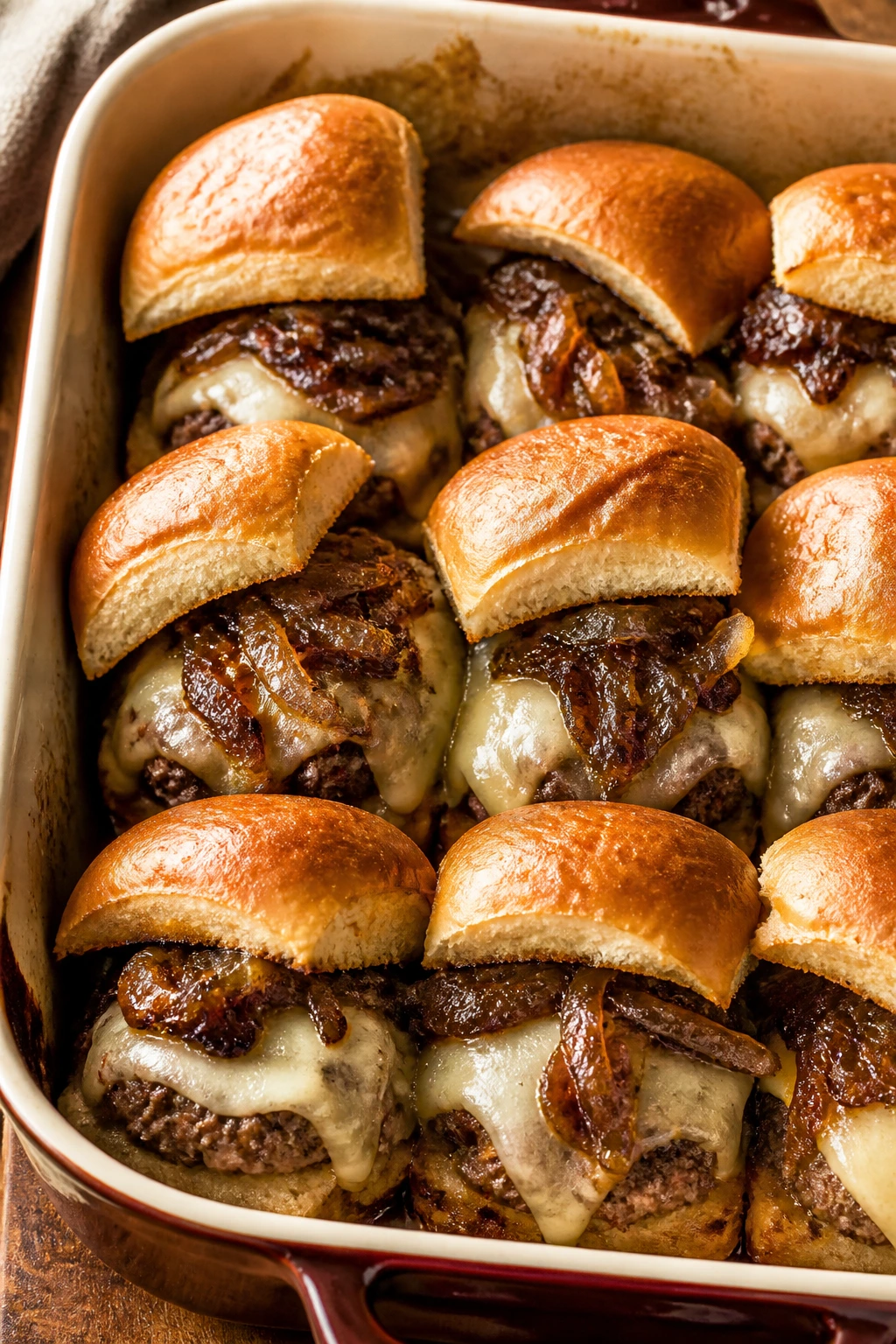 Sliders with caramelized onions and Swiss cheese in a dish