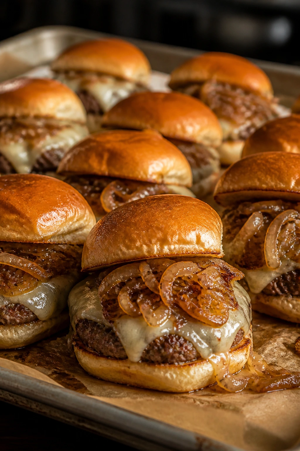 Sliders with caramelized onions and Swiss cheese on a baking sheet