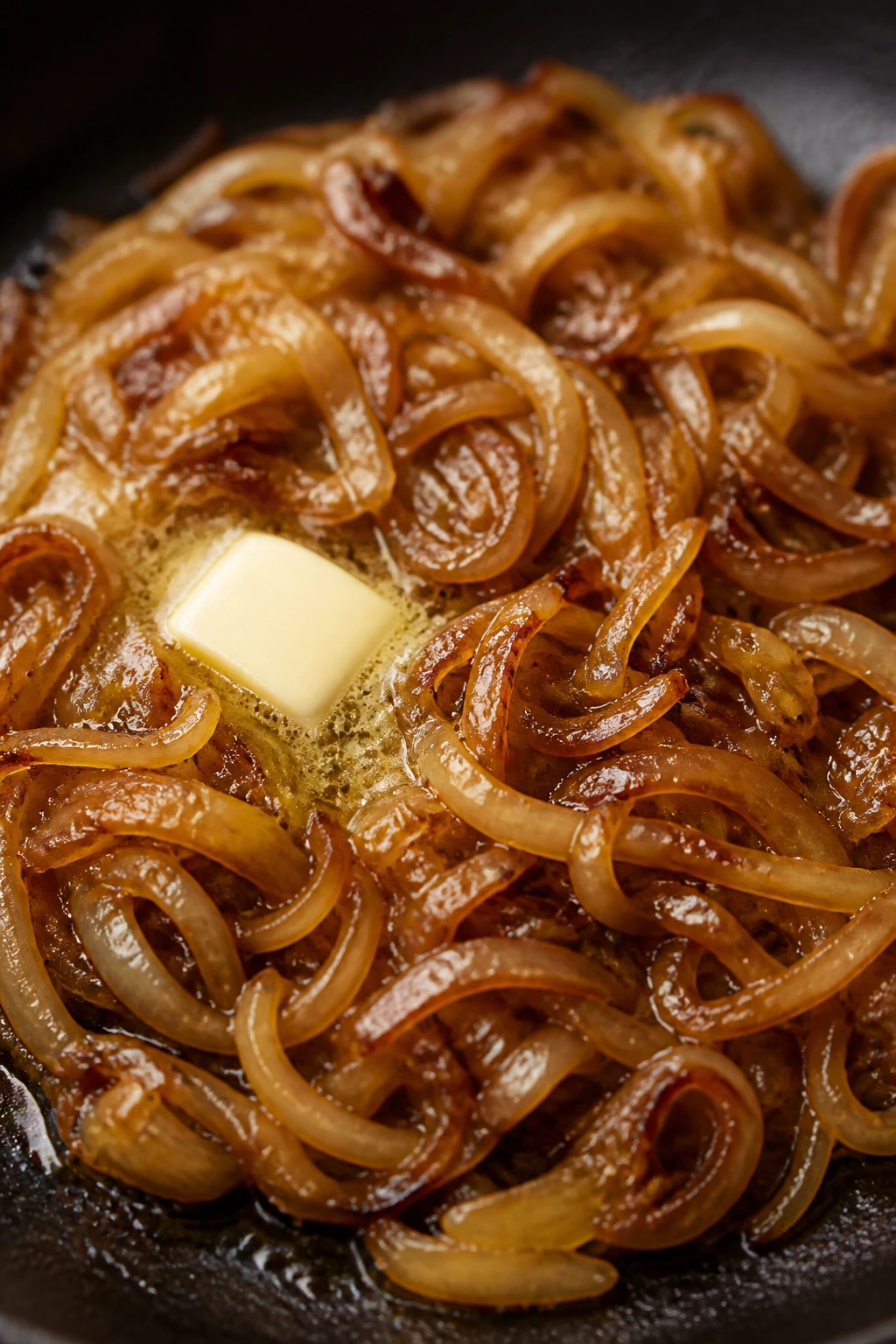 Close-up of glossy golden caramelized onions in a pan