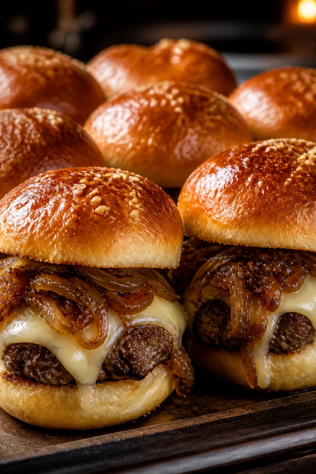 Close-up of caramelized onion Gruyère sliders on a wooden board