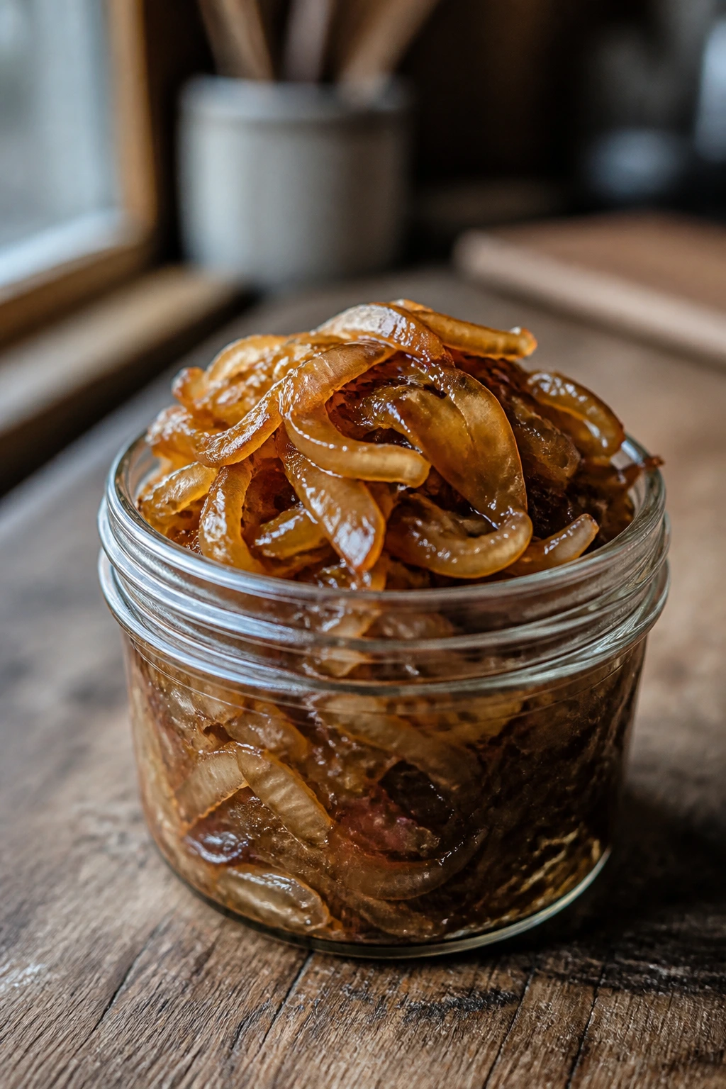 Glossy caramelized onions in a glass jar on a kitchen counter.
