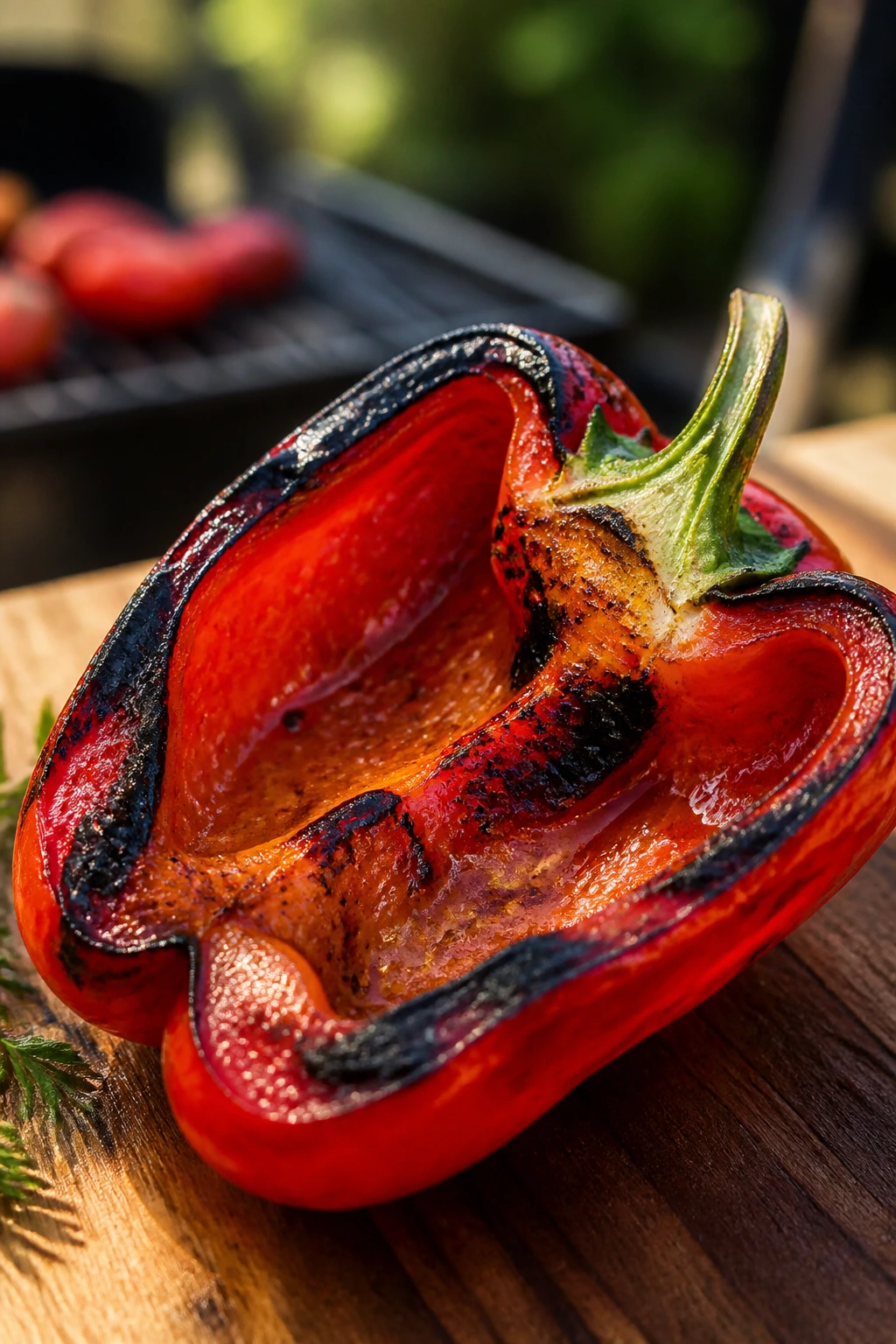 Blistered bell pepper on a wooden board outdoors with grill marks
